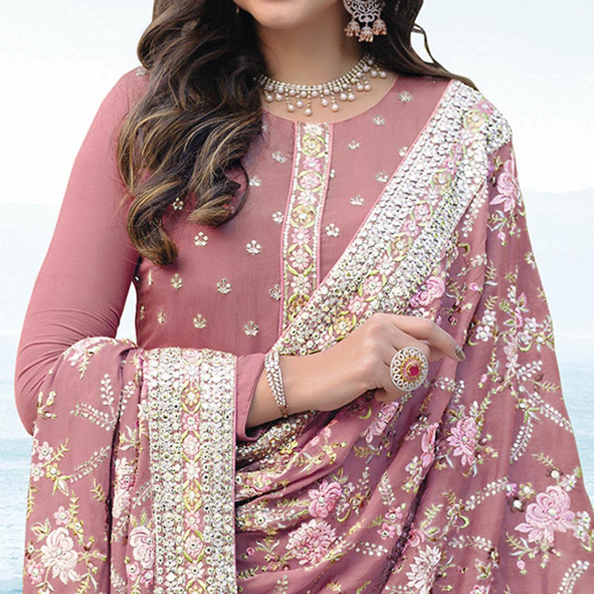 Pink Embroidered With Embellished Georgette Salwar Suit - Peachmode