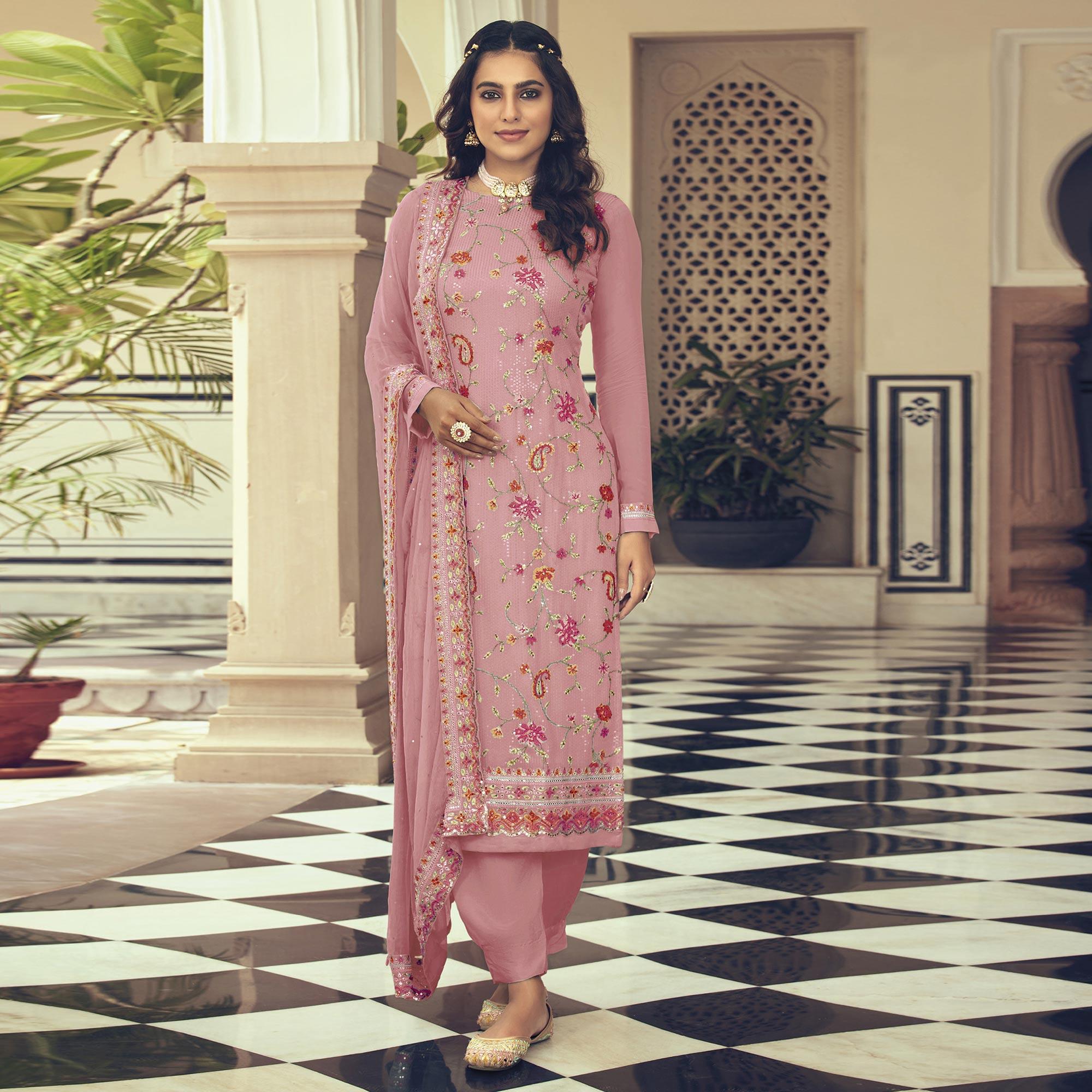 Pink Embroidered With Embellished Georgette Salwar Suit - Peachmode