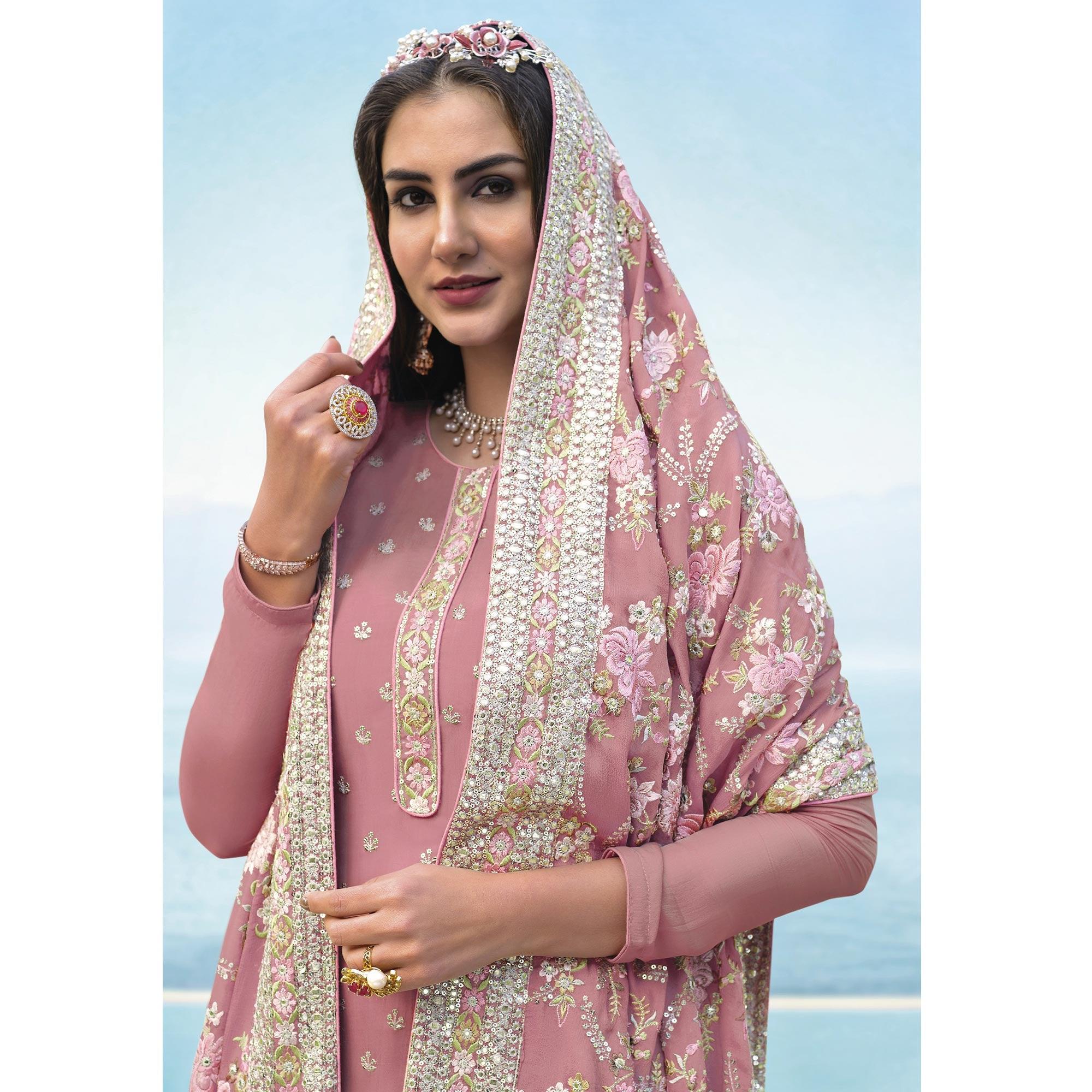 Pink Embroidered With Embellished Georgette Salwar Suit - Peachmode