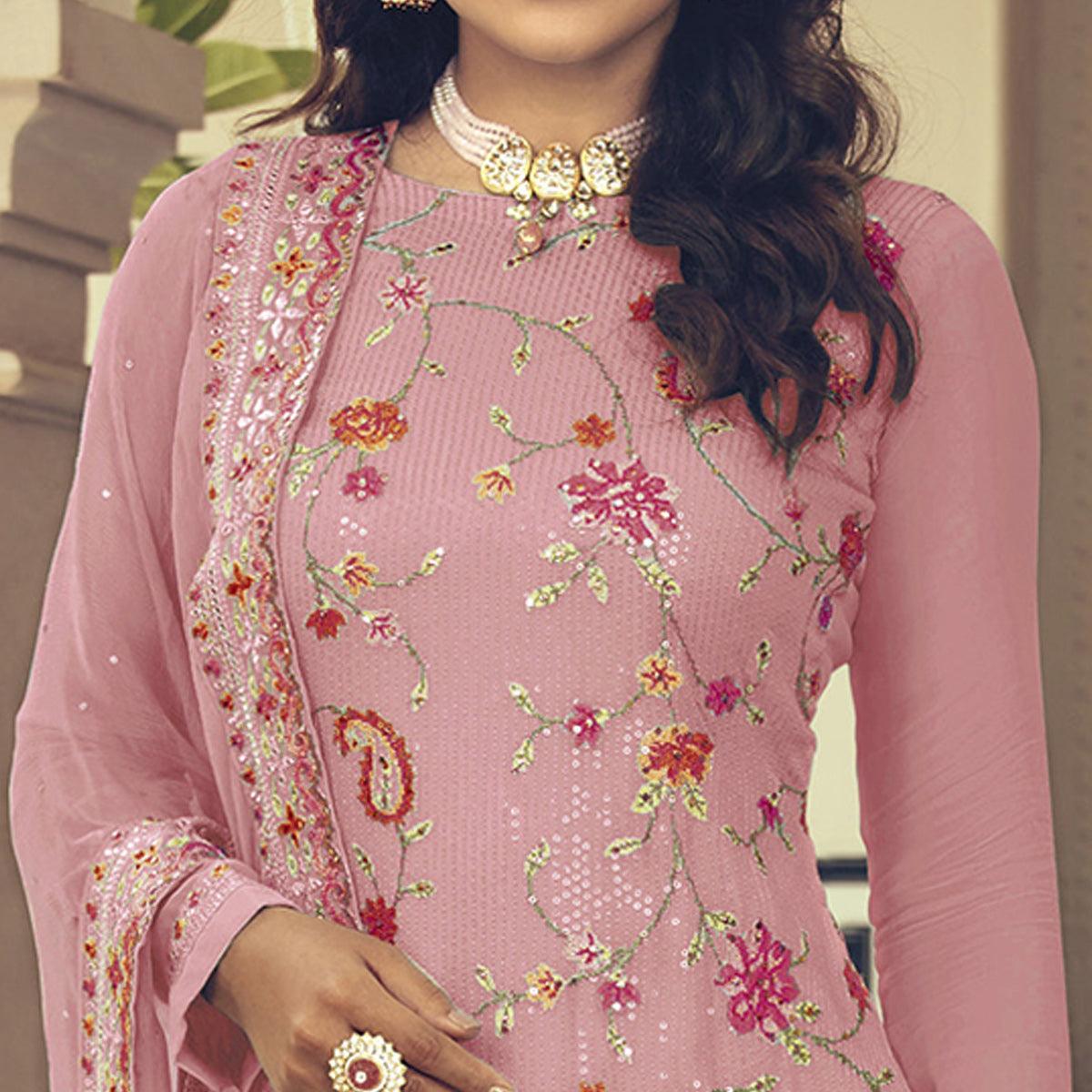 Pink Embroidered With Embellished Georgette Salwar Suit - Peachmode