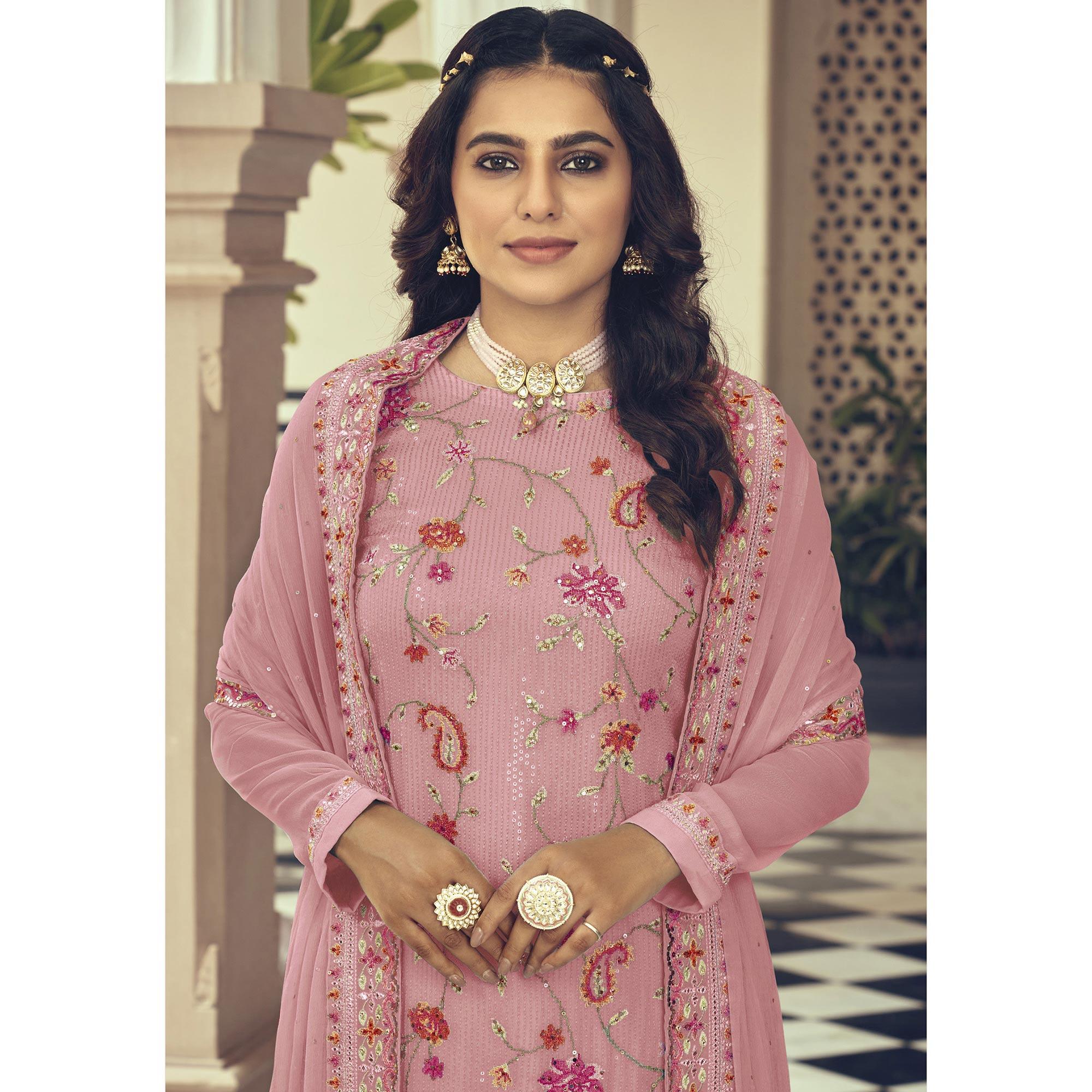 Pink Embroidered With Embellished Georgette Salwar Suit - Peachmode