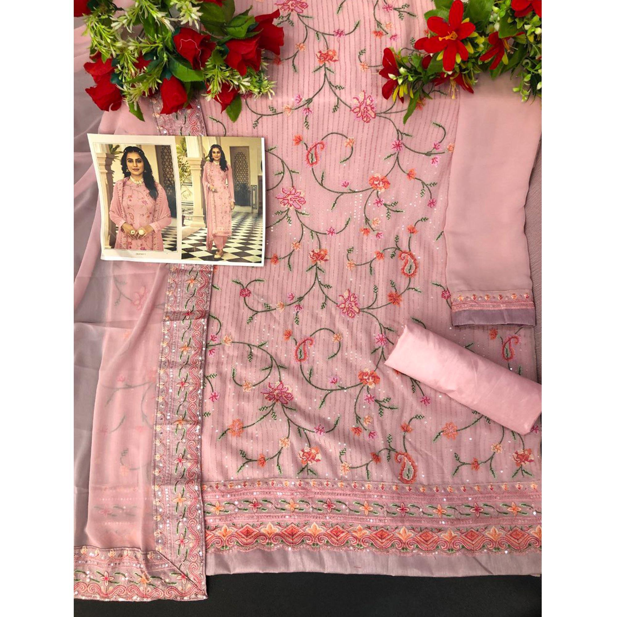 Pink Embroidered With Embellished Georgette Salwar Suit - Peachmode