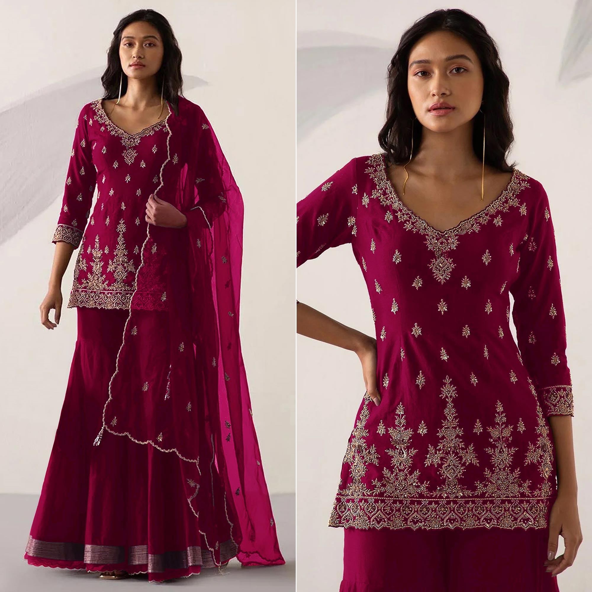 Pink Embroidered With Embellished Georgette Sharara Suit - Peachmode