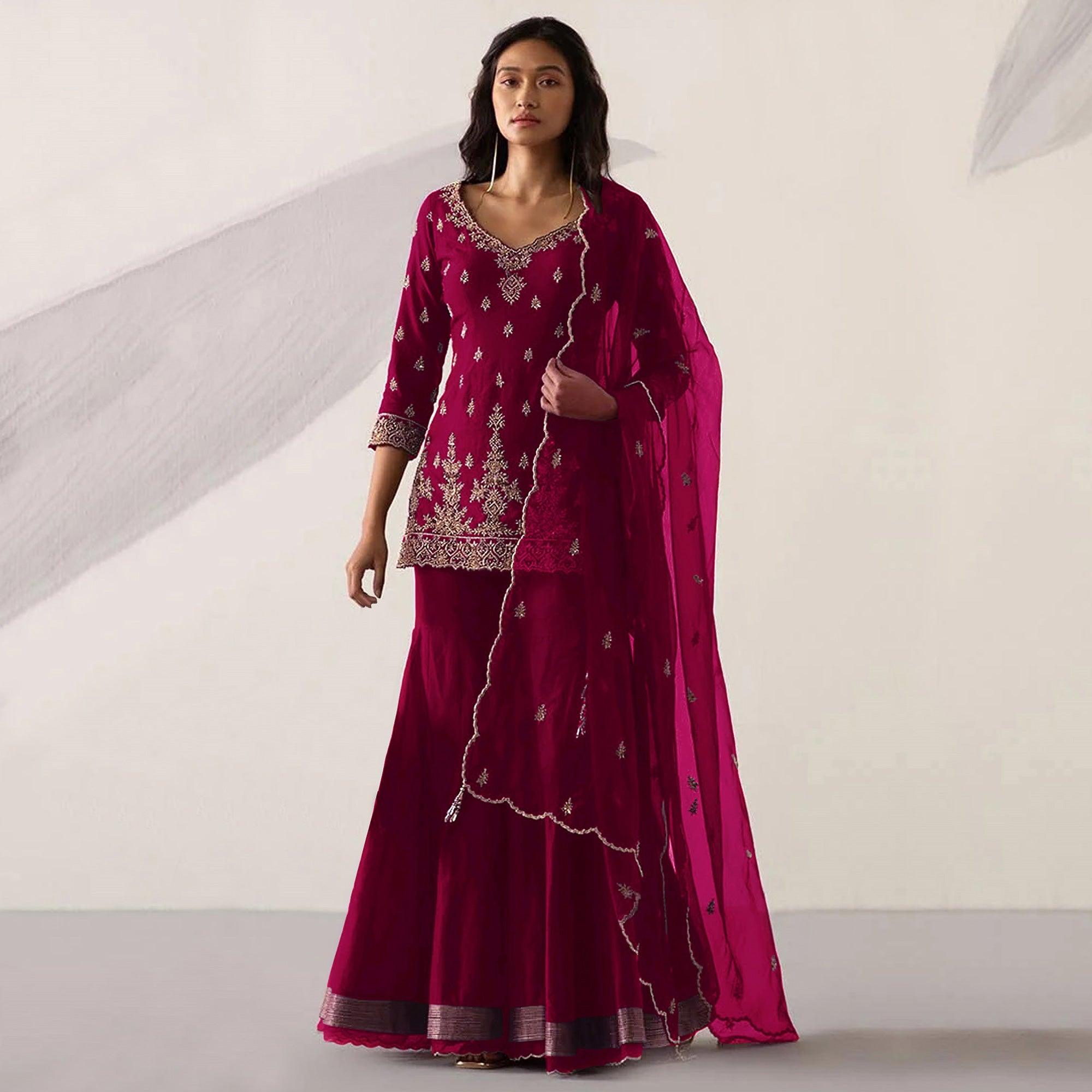 Pink Embroidered With Embellished Georgette Sharara Suit - Peachmode