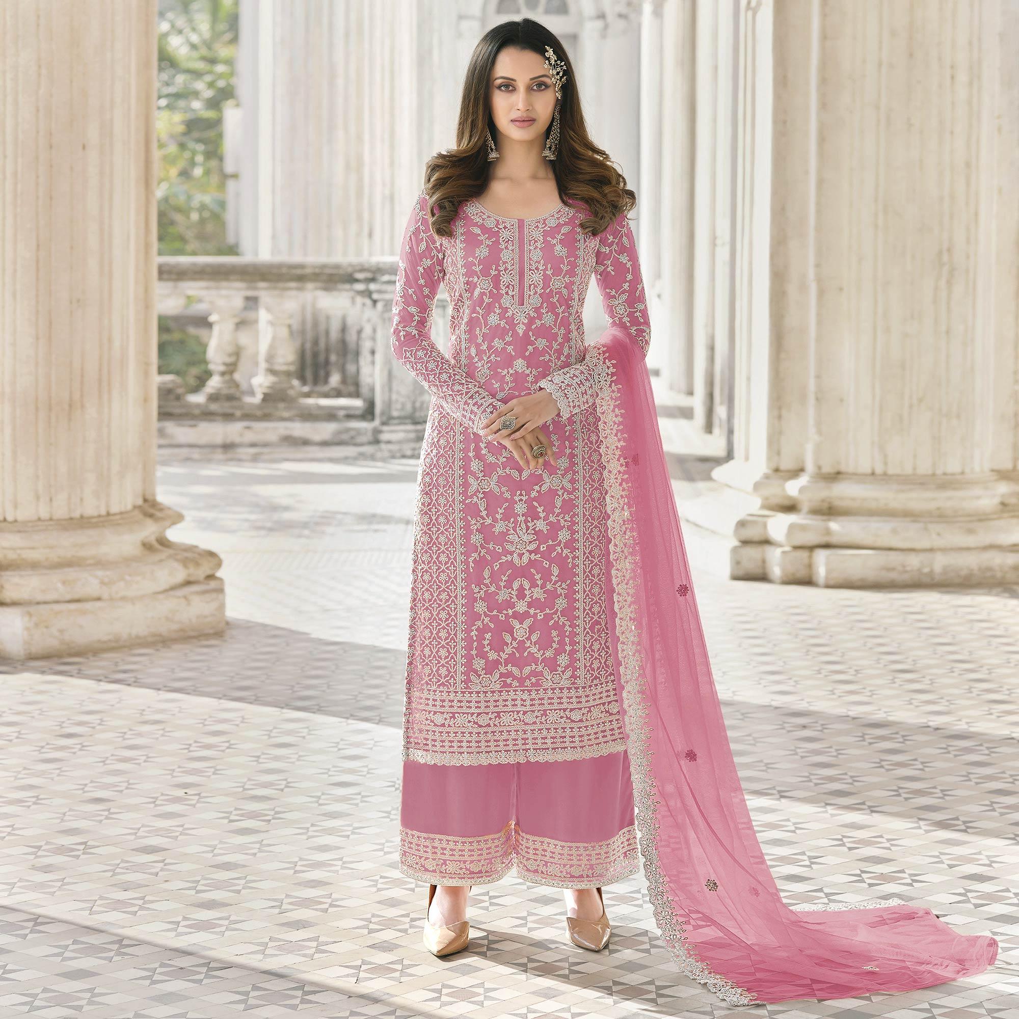 Pink Embroidered With Embellished Net Palazzo Suit - Peachmode