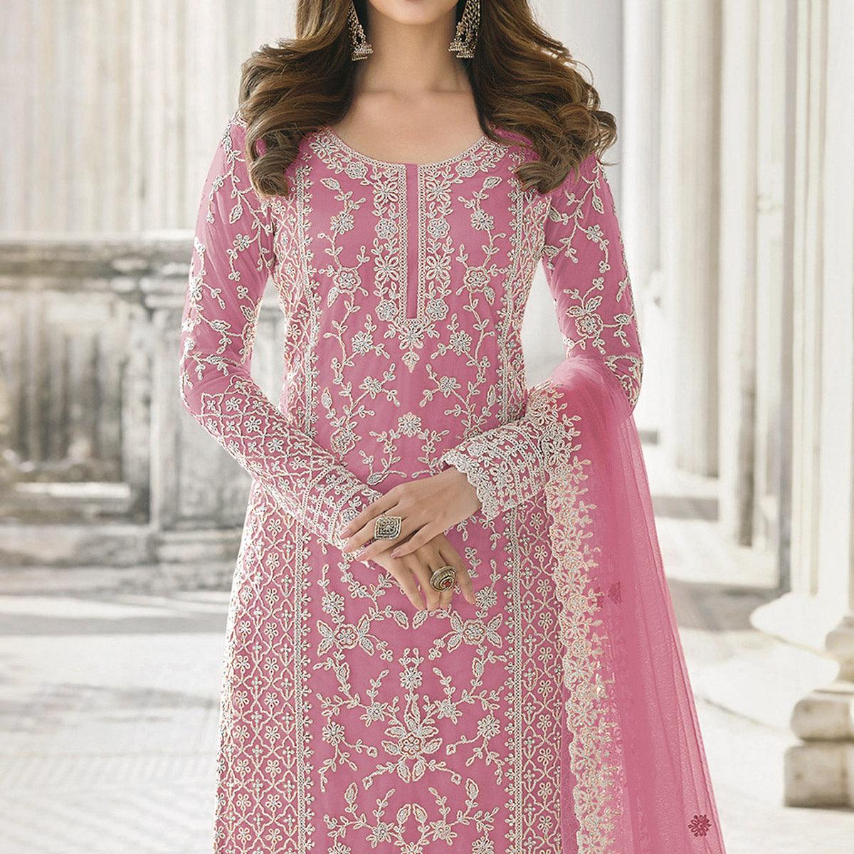 Pink Embroidered With Embellished Net Palazzo Suit - Peachmode