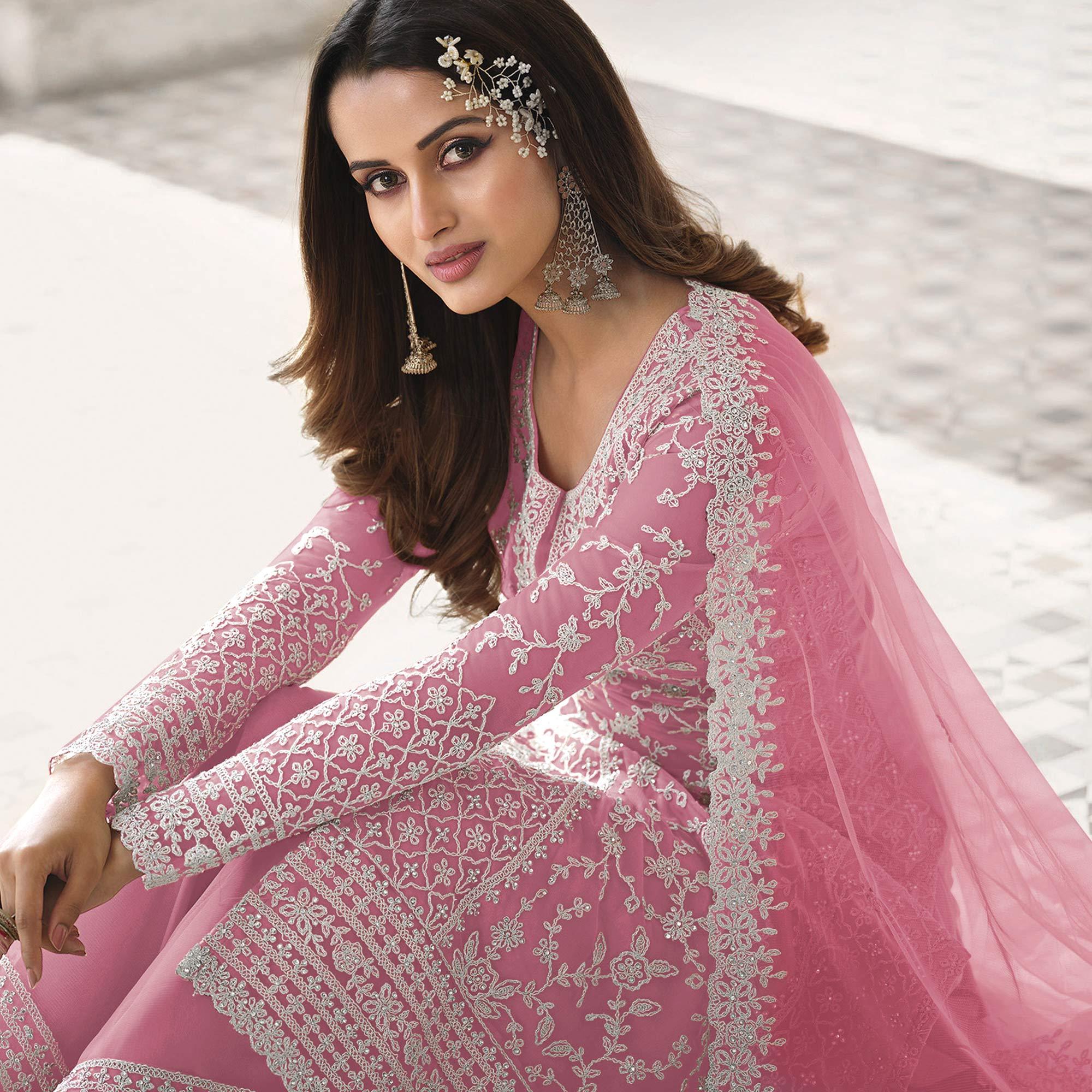 Pink Embroidered With Embellished Net Palazzo Suit - Peachmode