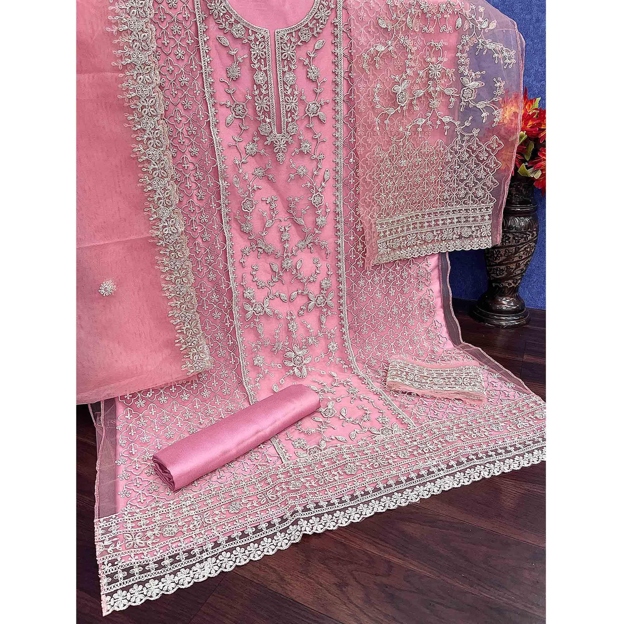 Pink Embroidered With Embellished Net Palazzo Suit - Peachmode