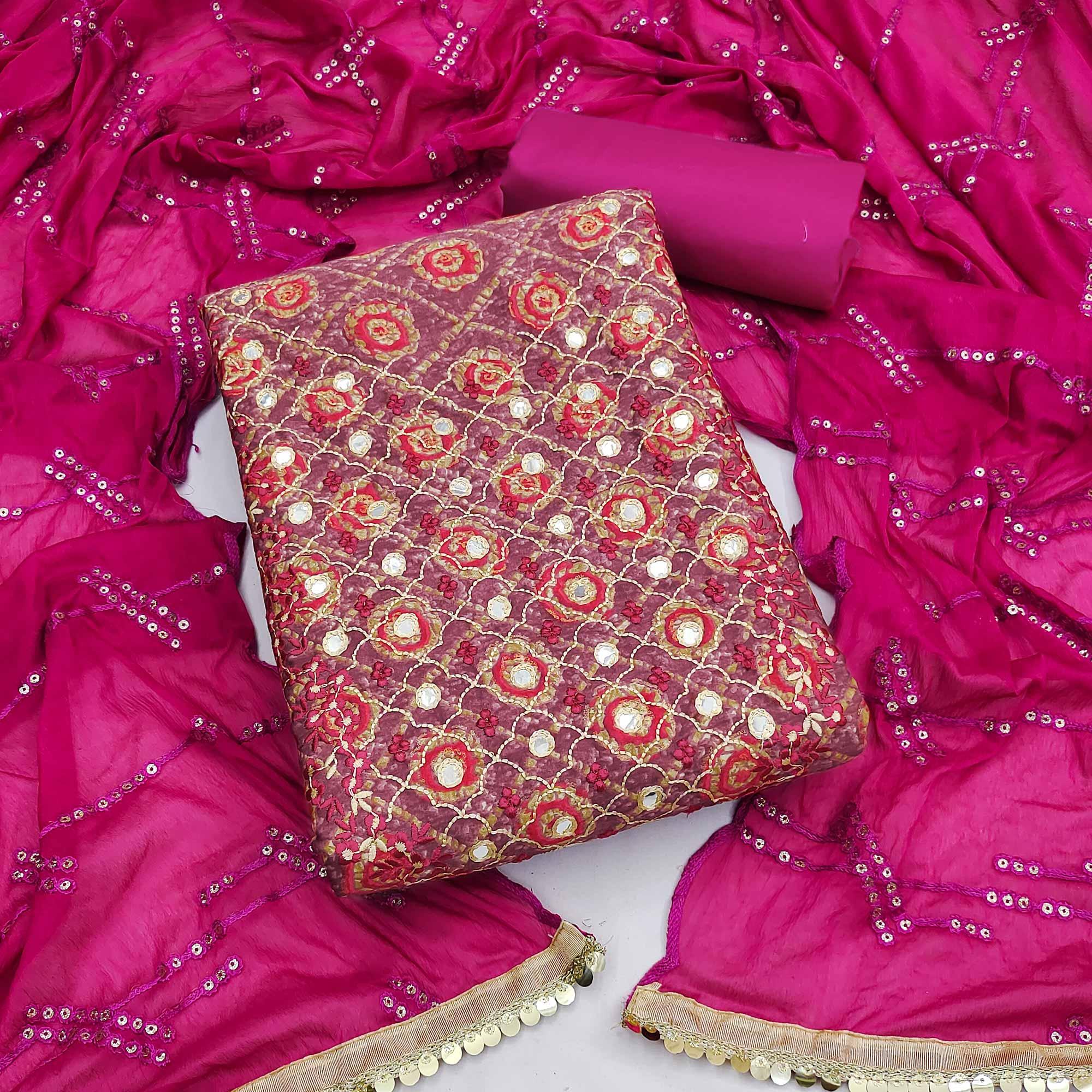 Pink Embroidered With Embellished Pure Cotton Dress Material - Peachmode