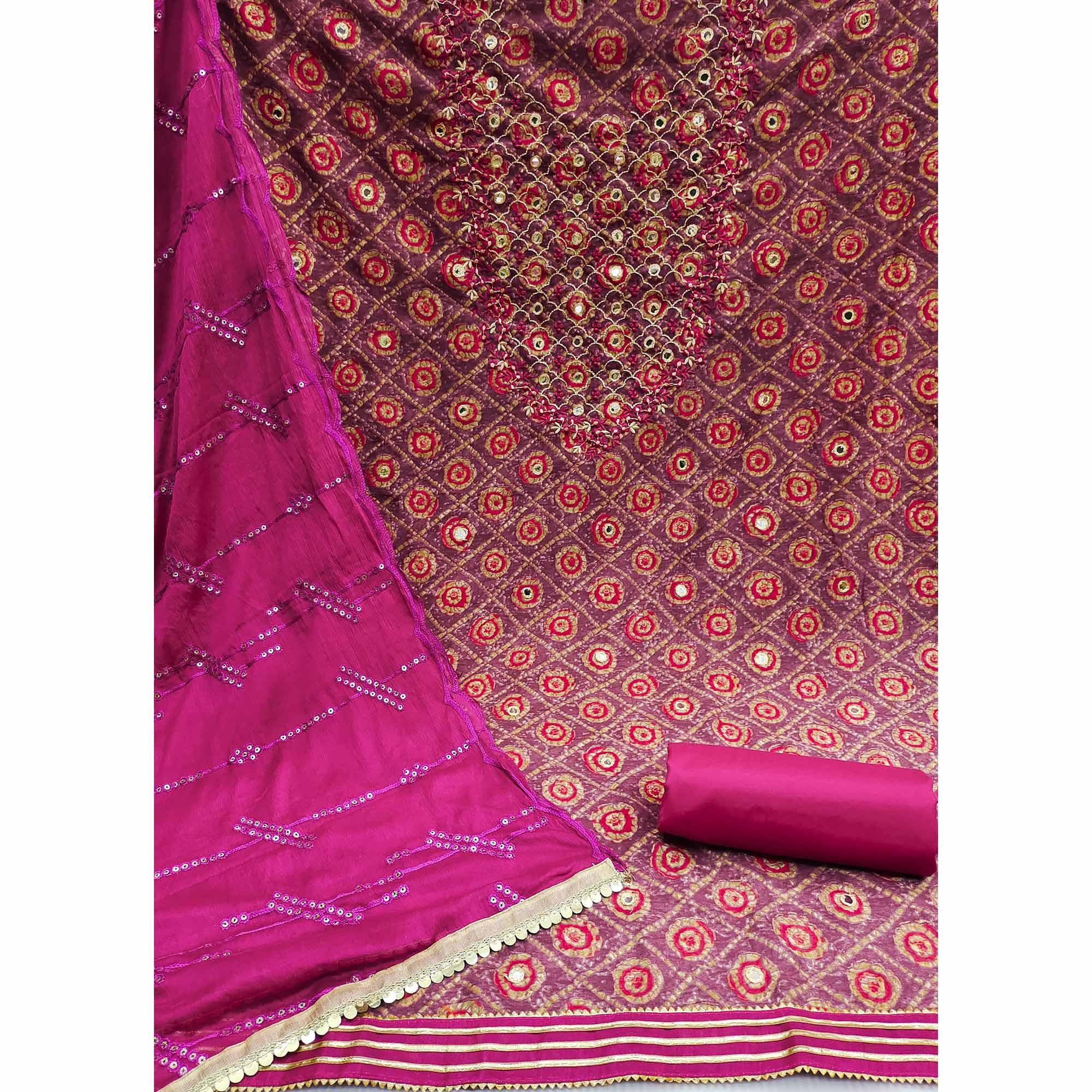 Pink Embroidered With Embellished Pure Cotton Dress Material - Peachmode