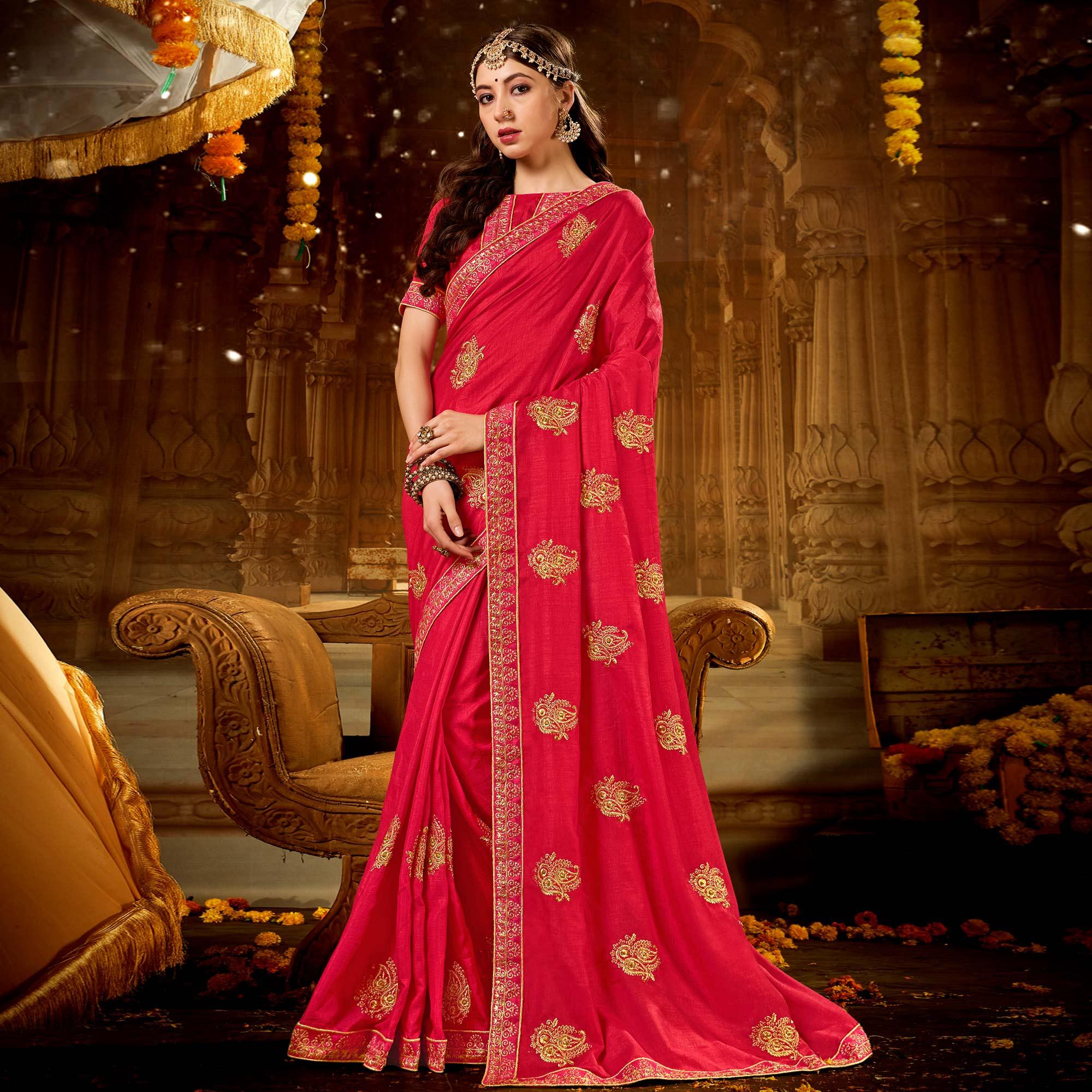 Pink Embroidered With Embellished Vichitra Silk Saree - Peachmode