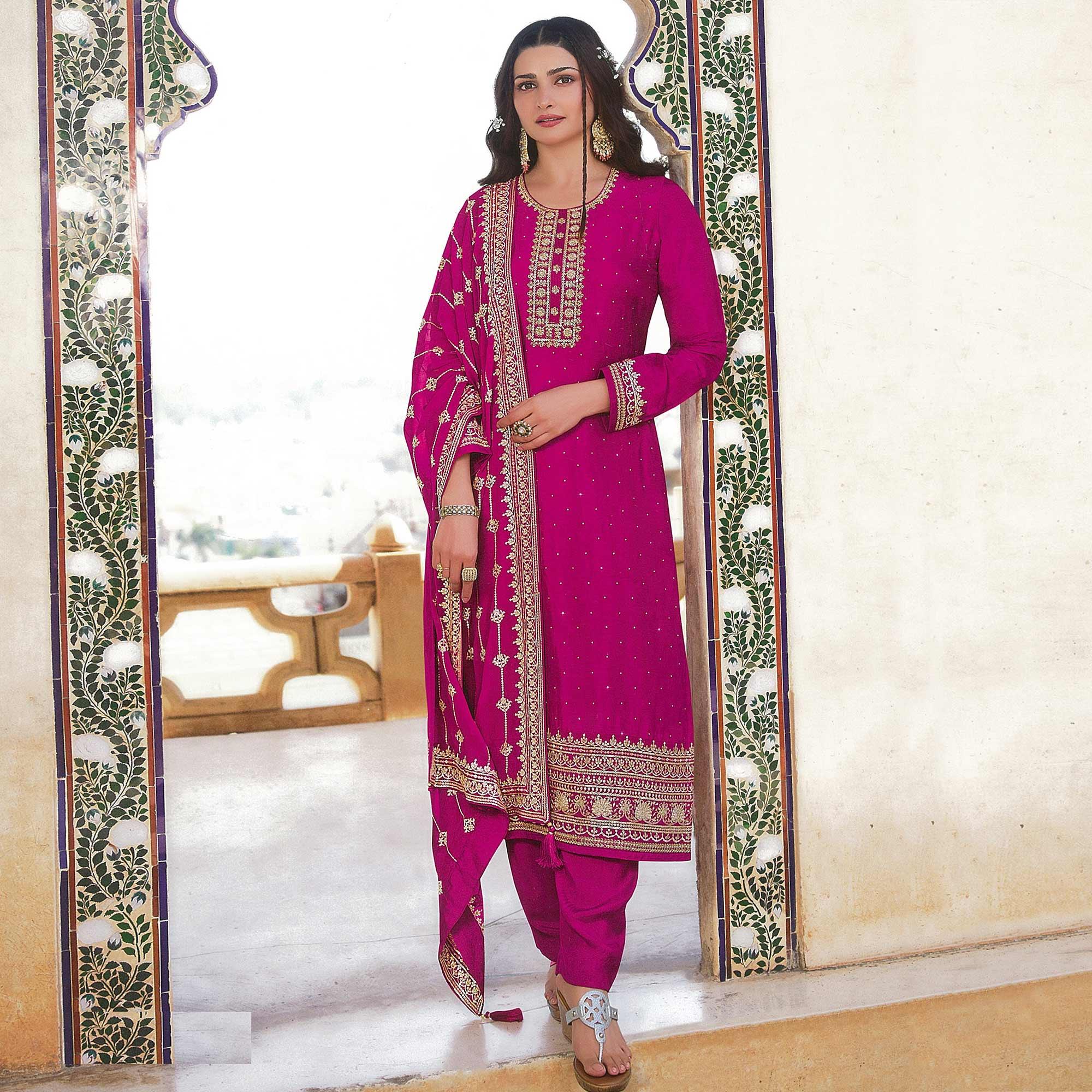 Pink Embroidered With Swarovski Work Dola Silk Salwar Suit - Peachmode