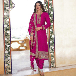 Pink Embroidered With Swarovski Work Dola Silk Salwar Suit - Peachmode