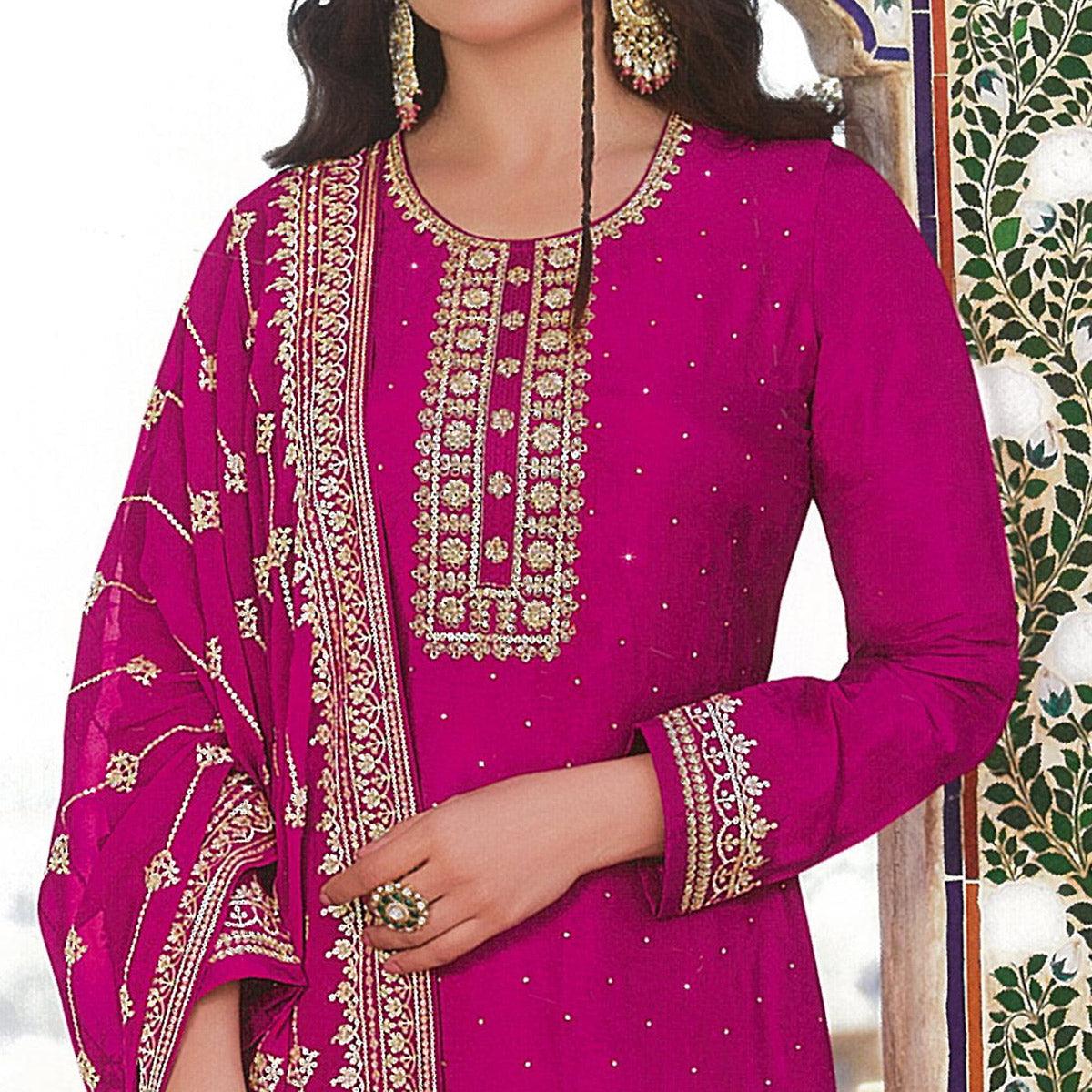 Pink Embroidered With Swarovski Work Dola Silk Salwar Suit - Peachmode