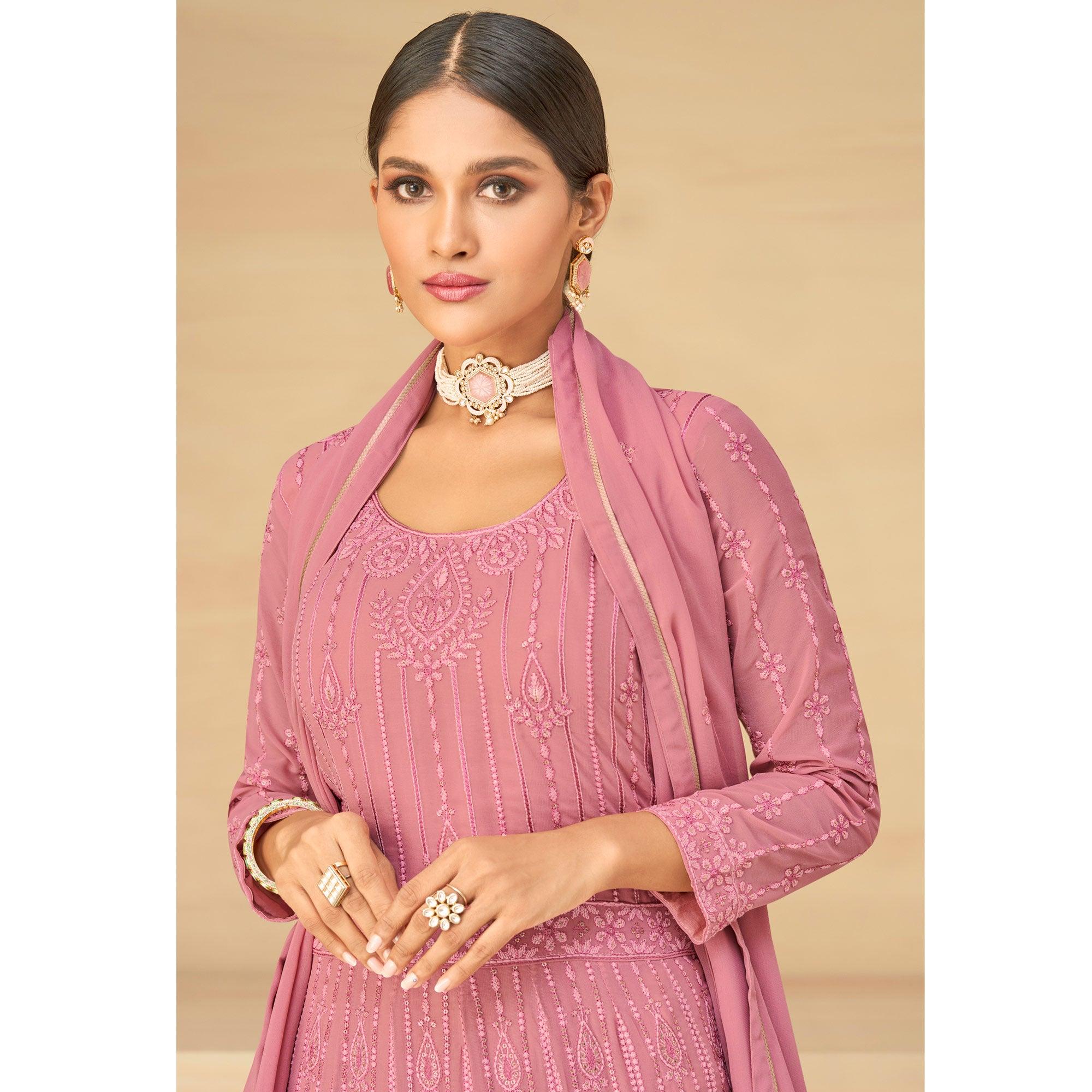 Pink Embroidery With Embellished Work Georgette Partywear Gown - Peachmode