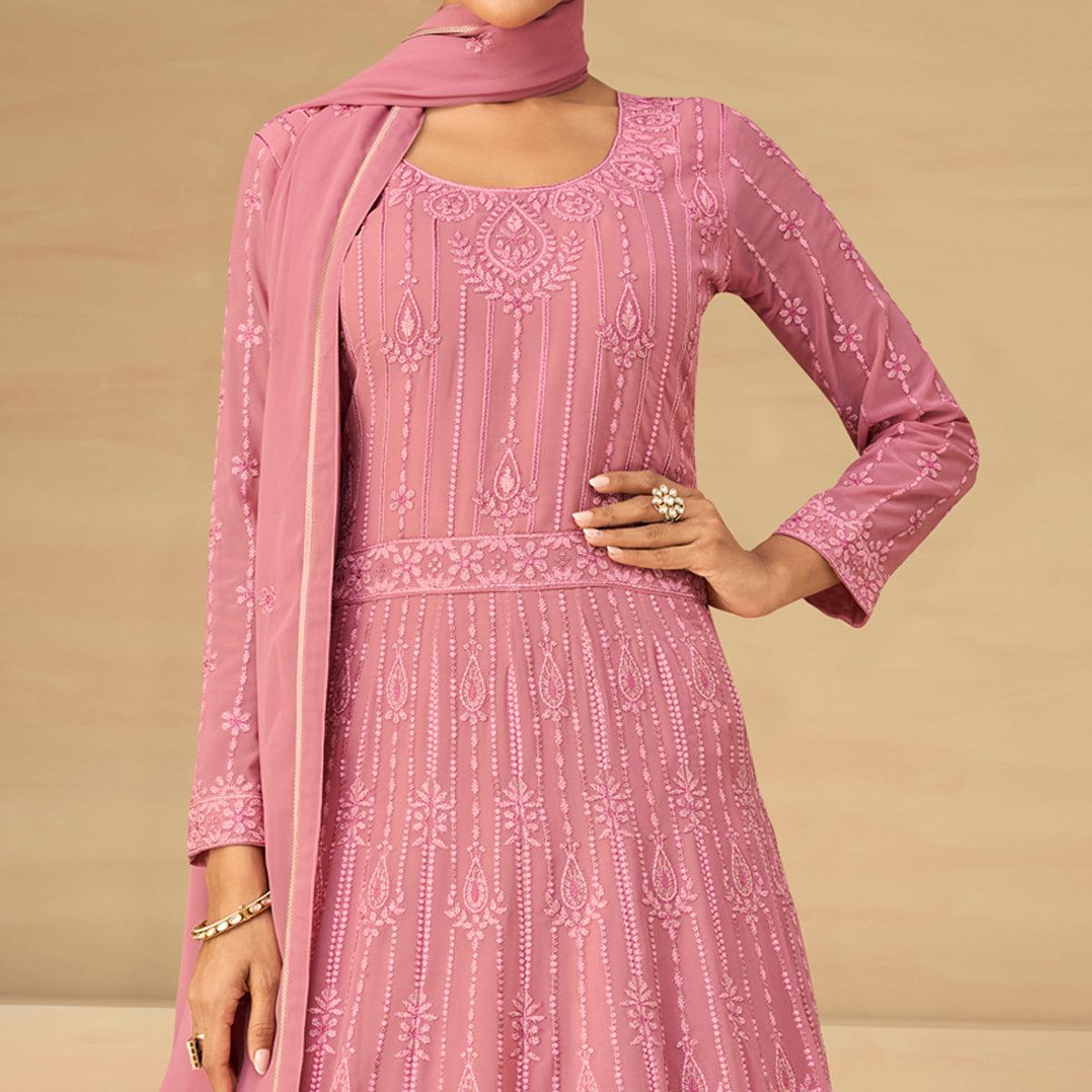 Pink Embroidery With Embellished Work Georgette Partywear Gown - Peachmode