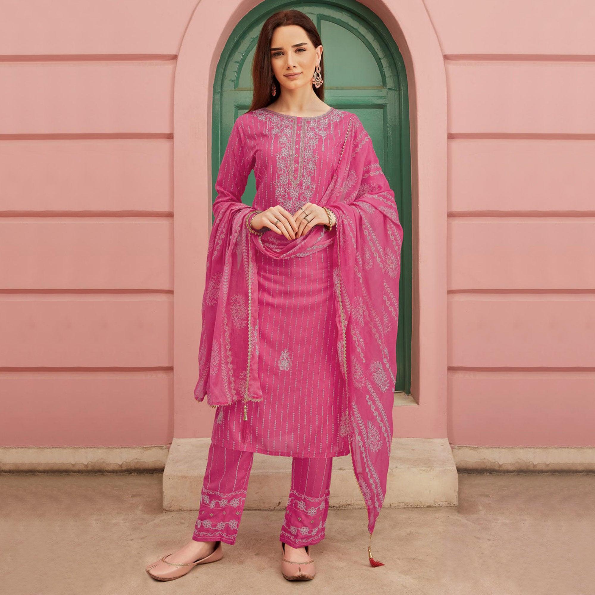 Pink Embroidery With Printed Pure Cotton Kurti Pant Set With Dupatta - Peachmode