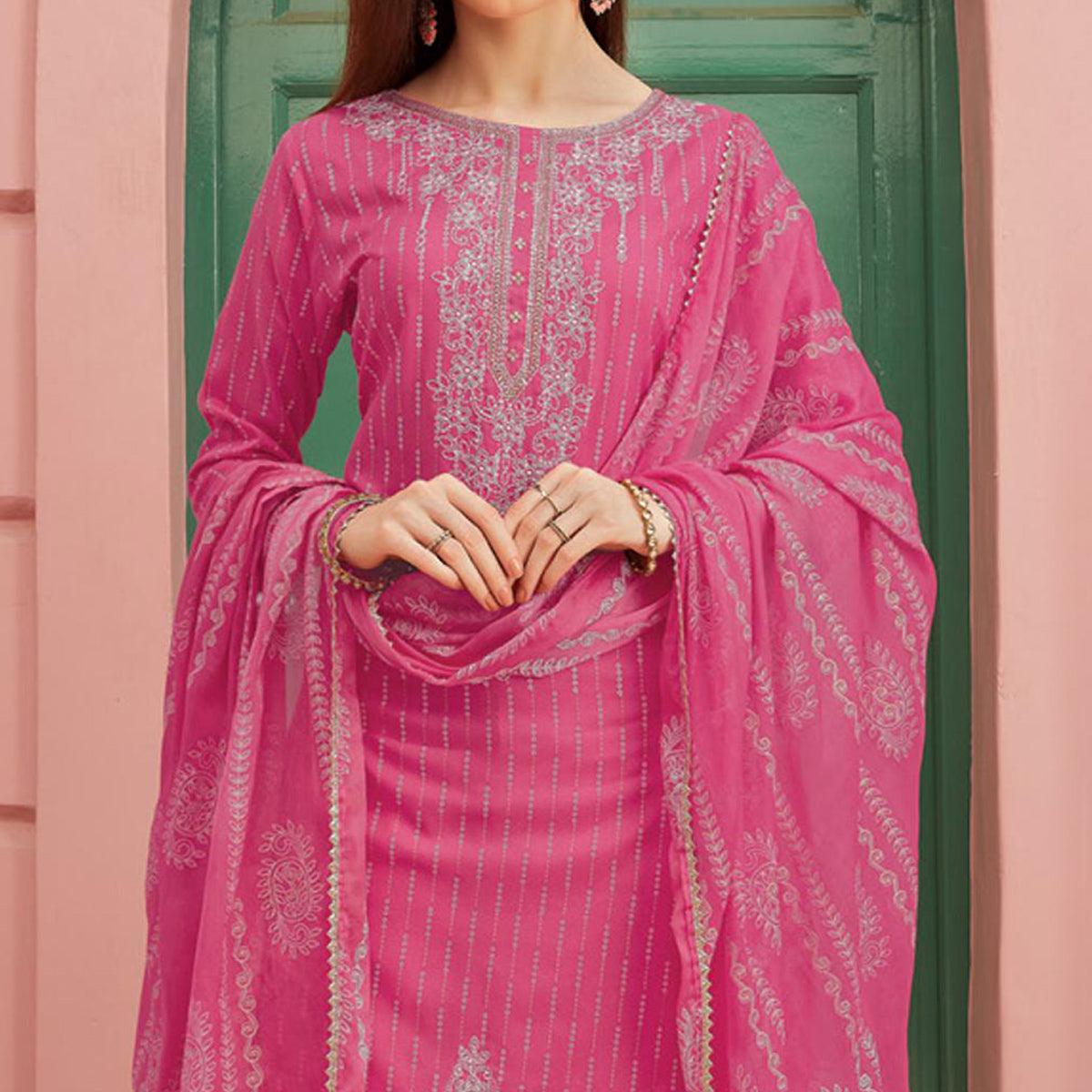Pink Embroidery With Printed Pure Cotton Kurti Pant Set With Dupatta - Peachmode