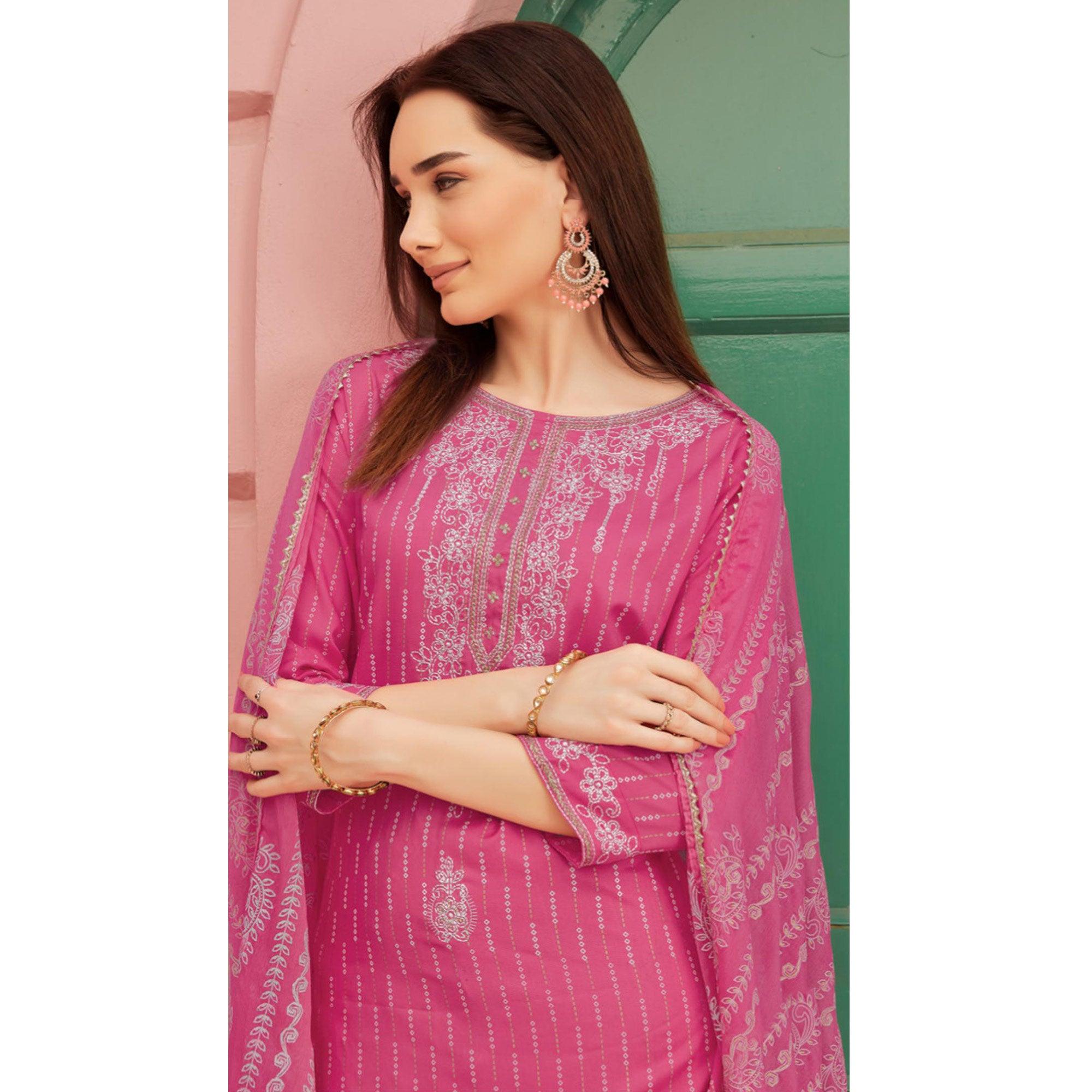 Pink Embroidery With Printed Pure Cotton Kurti Pant Set With Dupatta - Peachmode