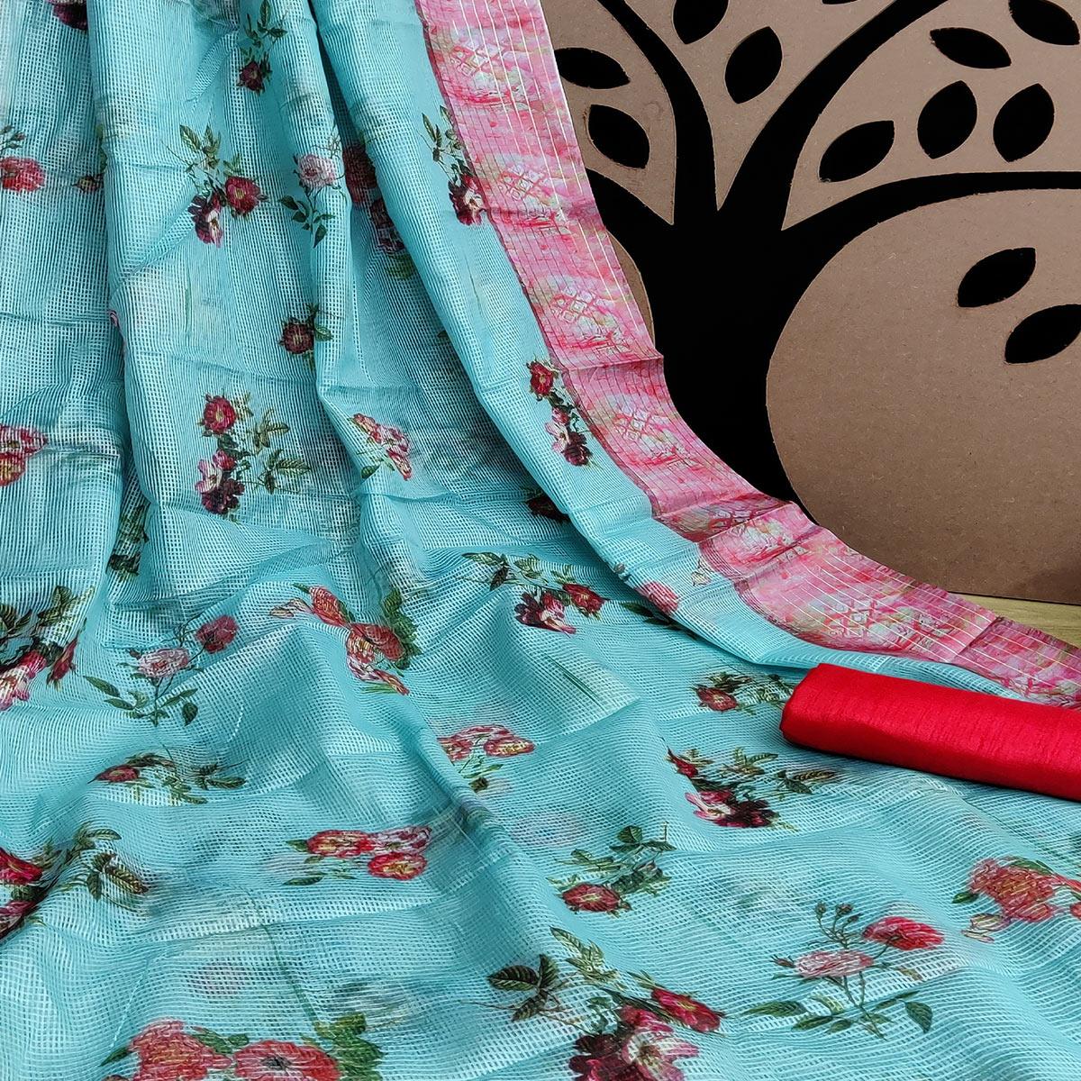 Pink-Ferozi Festive Wear Floral Digital Print With Woven Border Silk Saree - Peachmode