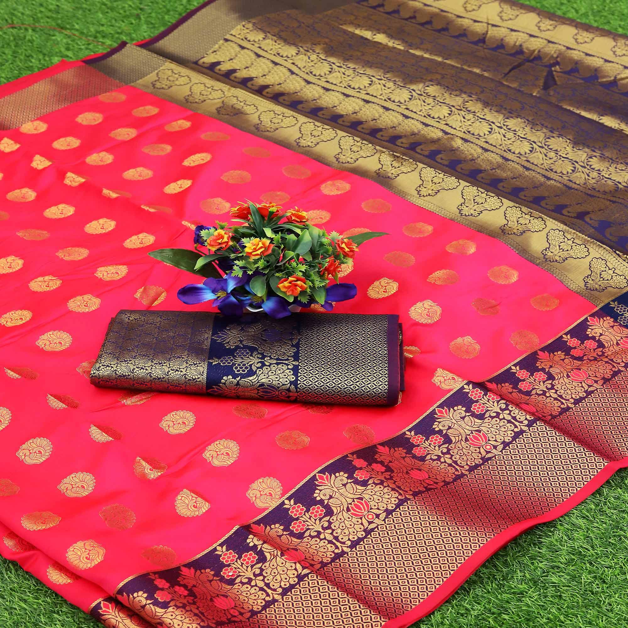 Pink Festive Embroidered Kota Banarasi Art Silk Saree - Peachmode