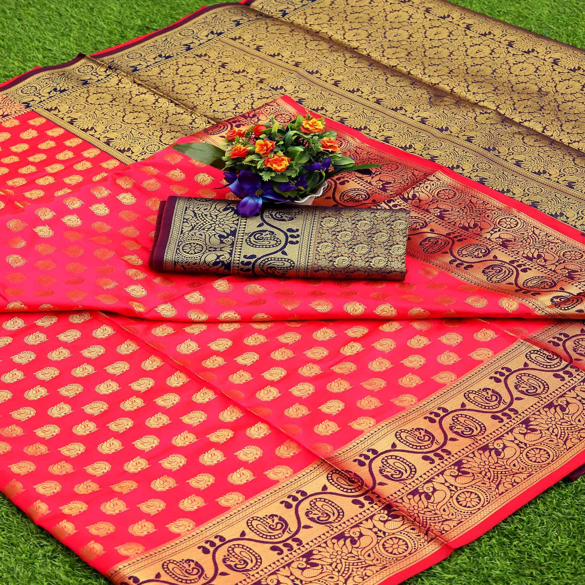 Pink Festive Embroidered Kota Banarasi Art Silk Saree - Peachmode