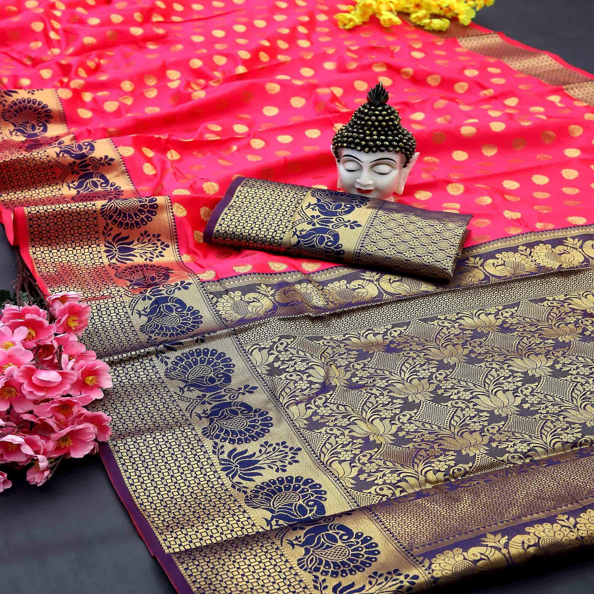 Pink Festive Embroidered Kota Banarasi Art Silk Saree - Peachmode