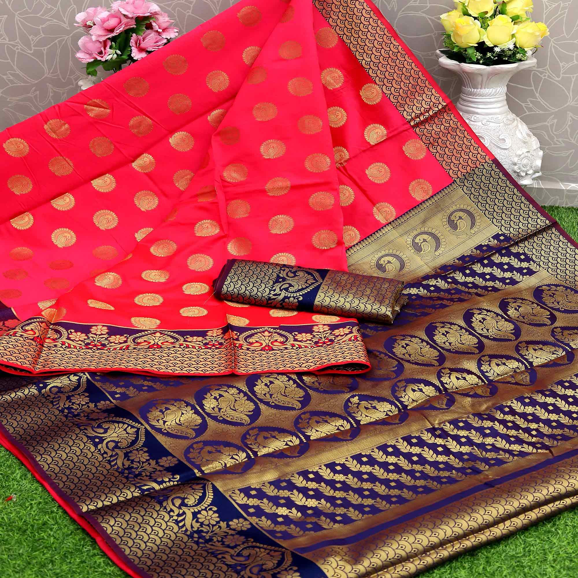 Pink Festive Embroidered Kota Banarasi Art Silk Saree - Peachmode