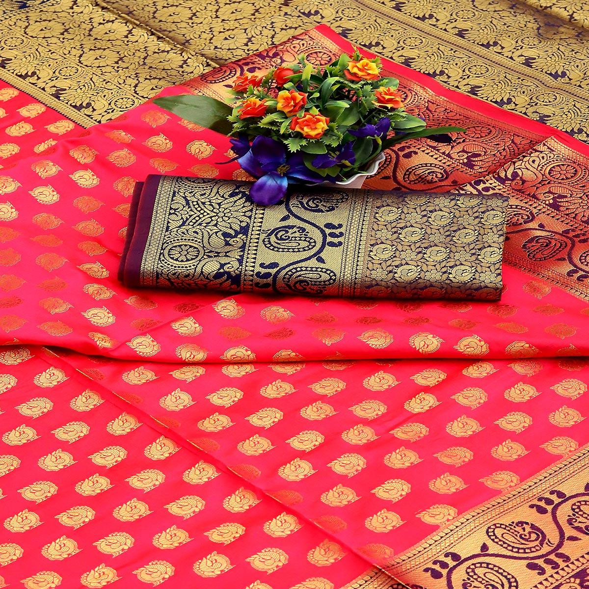 Pink Festive Embroidered Kota Banarasi Art Silk Saree - Peachmode