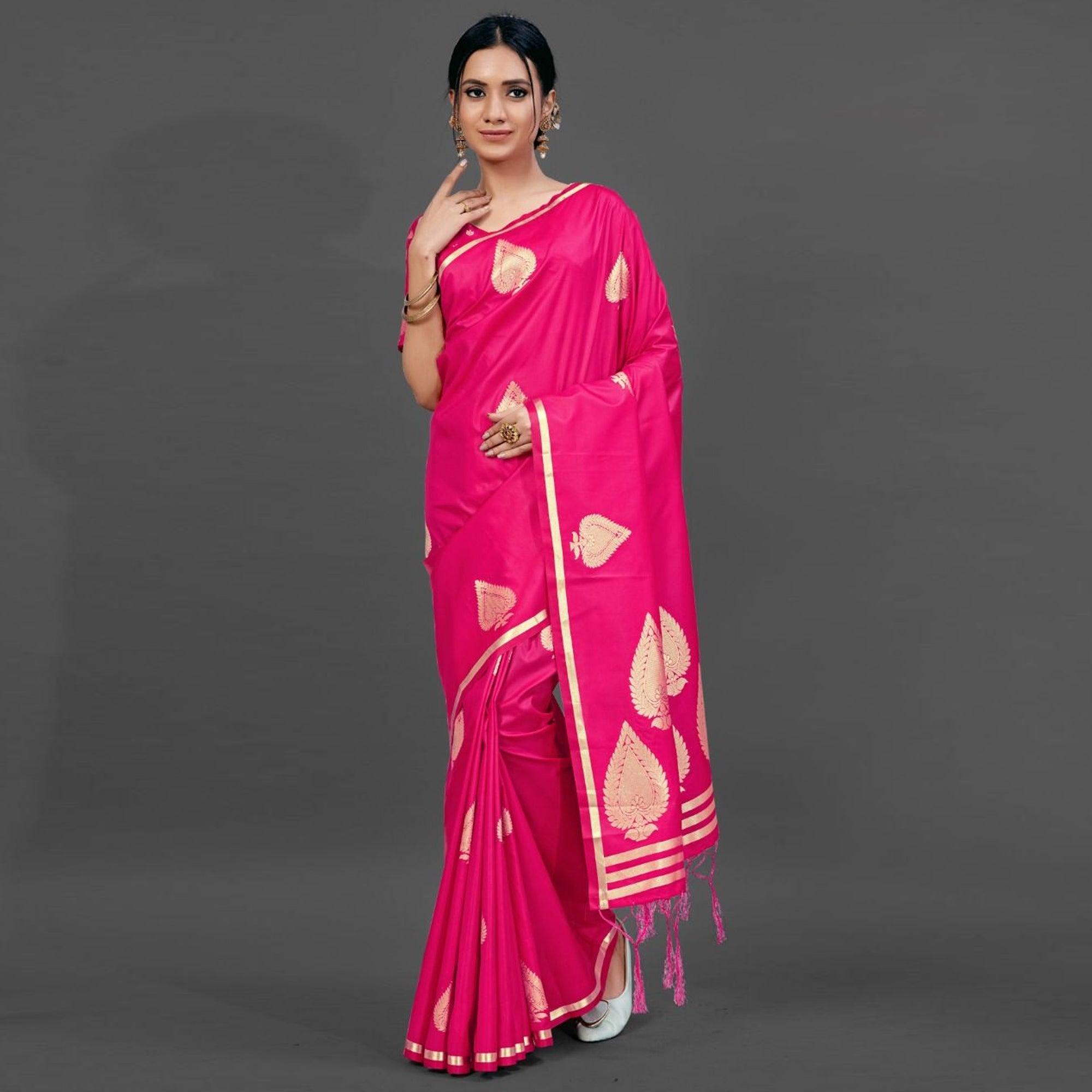 Pink Festive Silk Blend Woven Saree With Unstitched Blouse - Peachmode