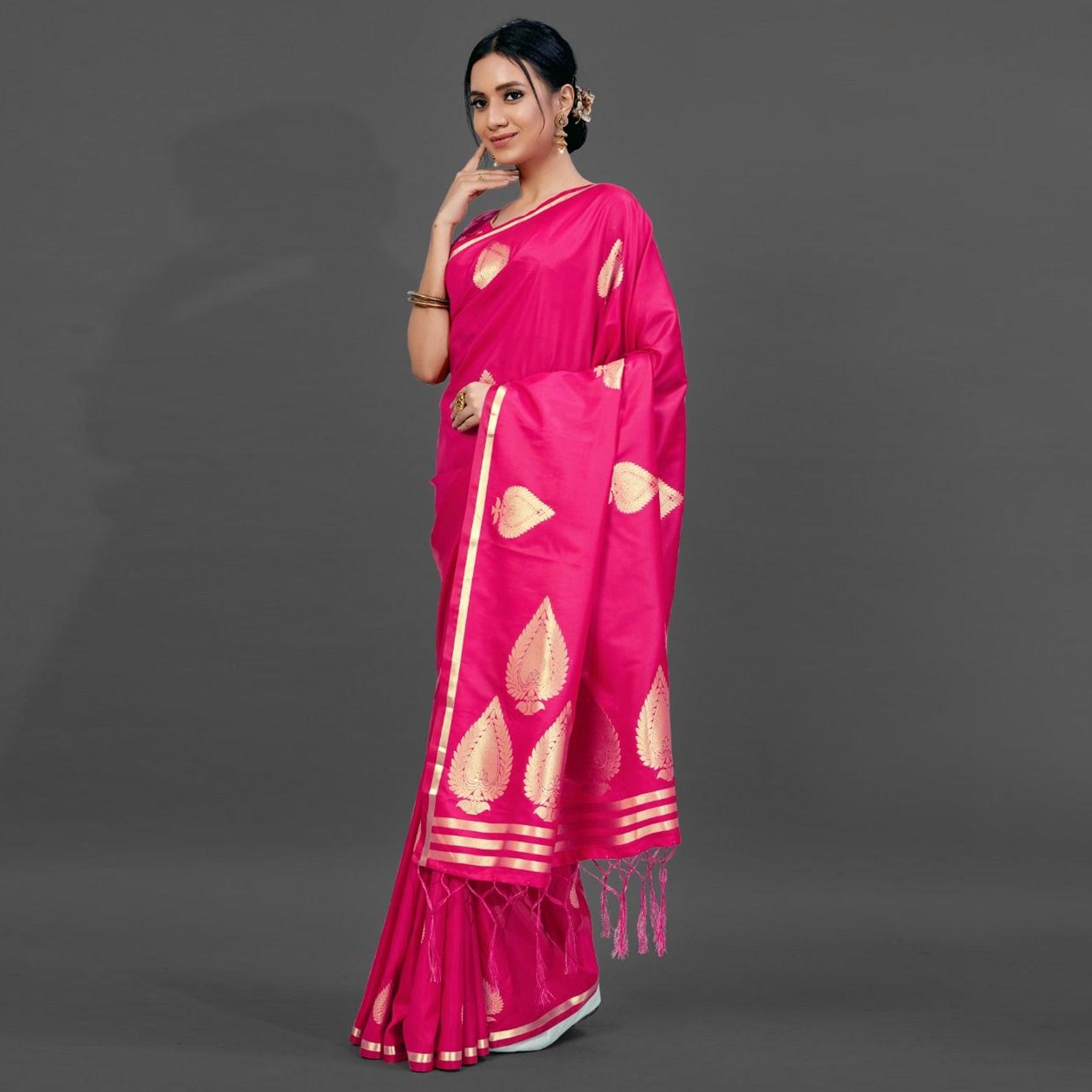 Pink Festive Silk Blend Woven Saree With Unstitched Blouse - Peachmode