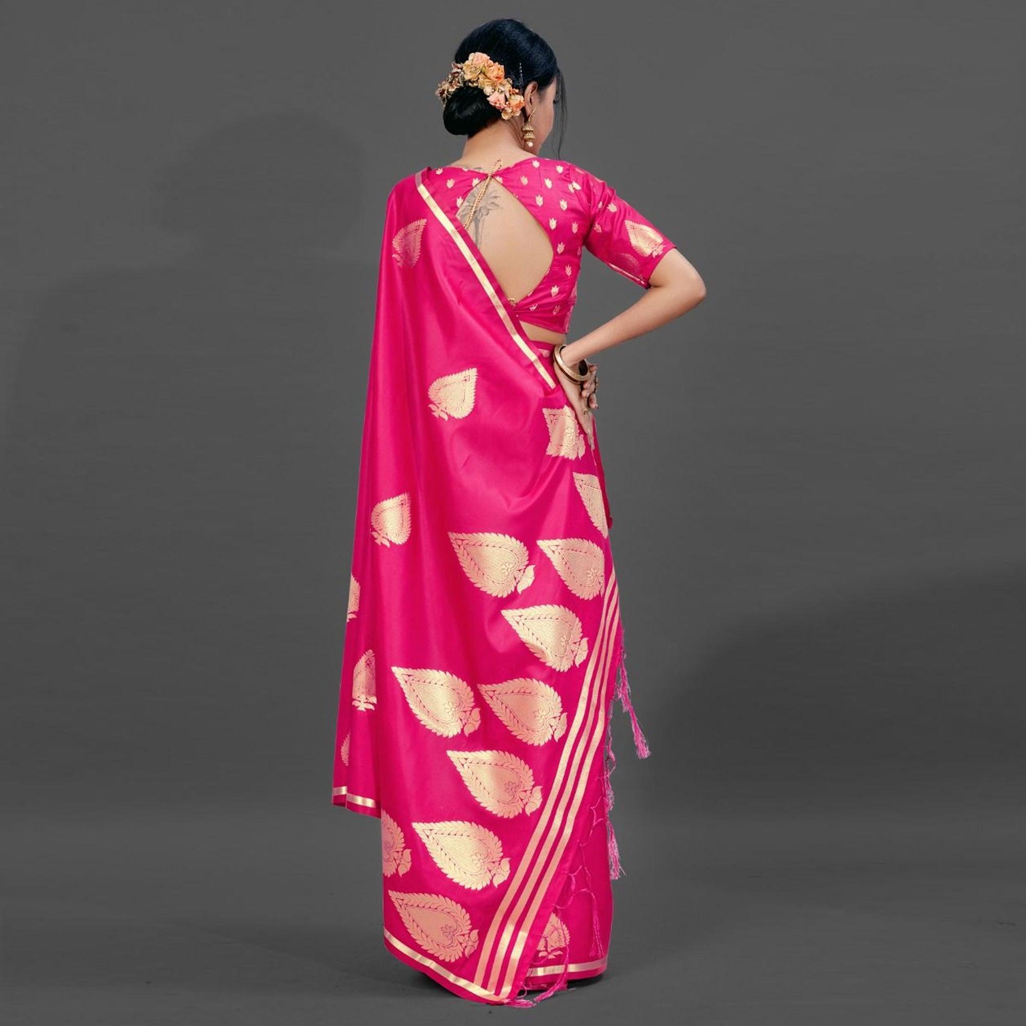 Pink Festive Silk Blend Woven Saree With Unstitched Blouse - Peachmode