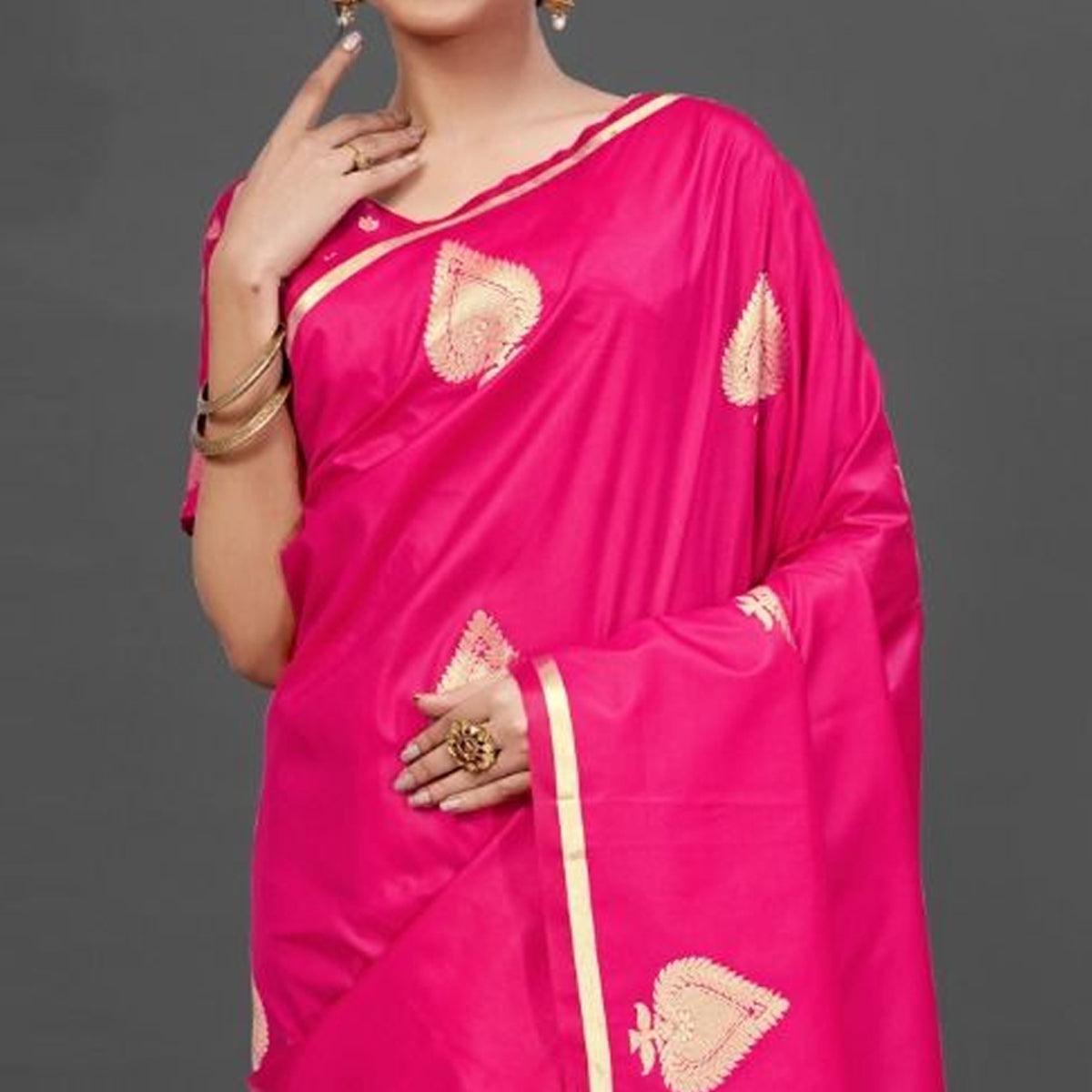 Pink Festive Silk Blend Woven Saree With Unstitched Blouse - Peachmode