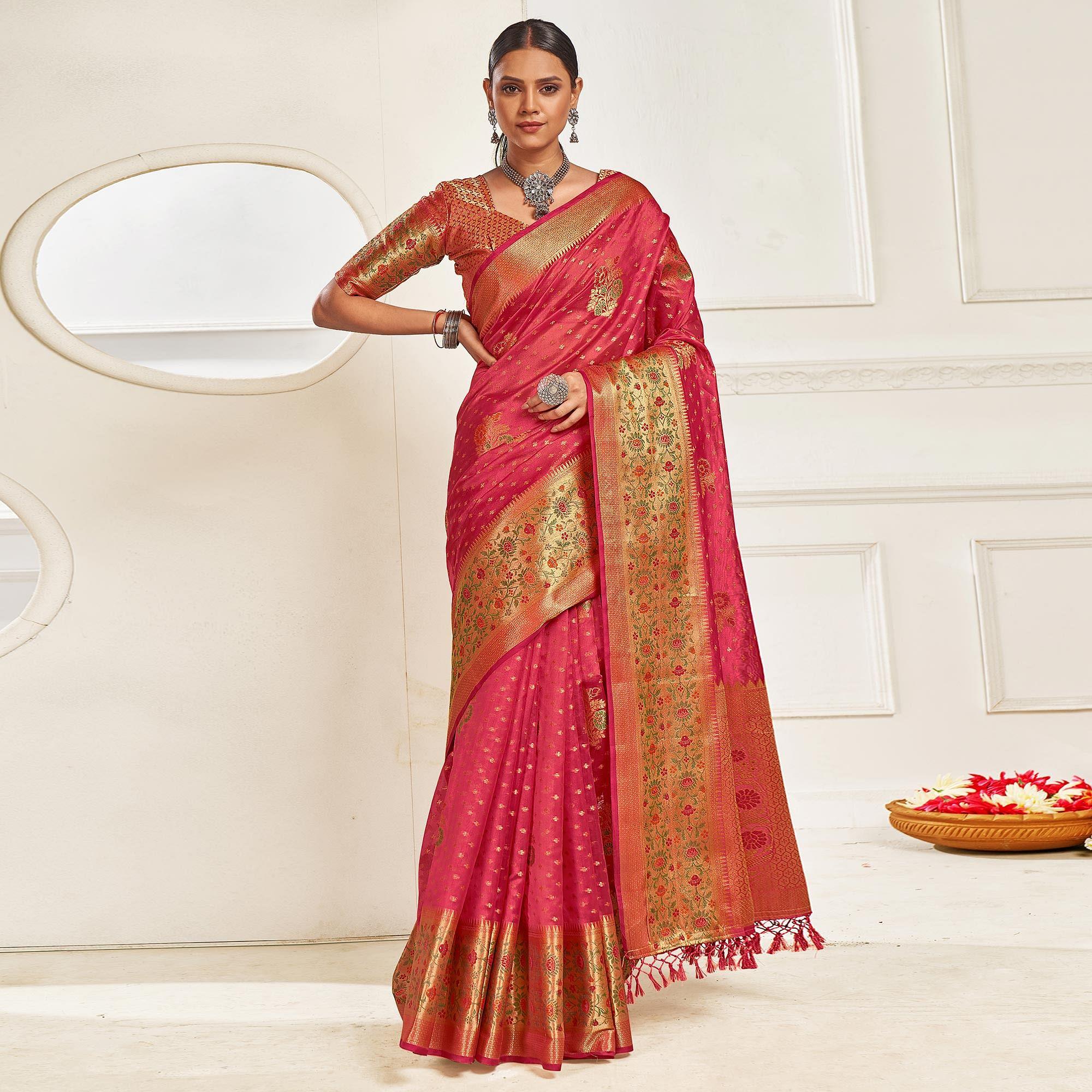 Pink Festive Wear Banarasi Woven Organza Saree - Peachmode