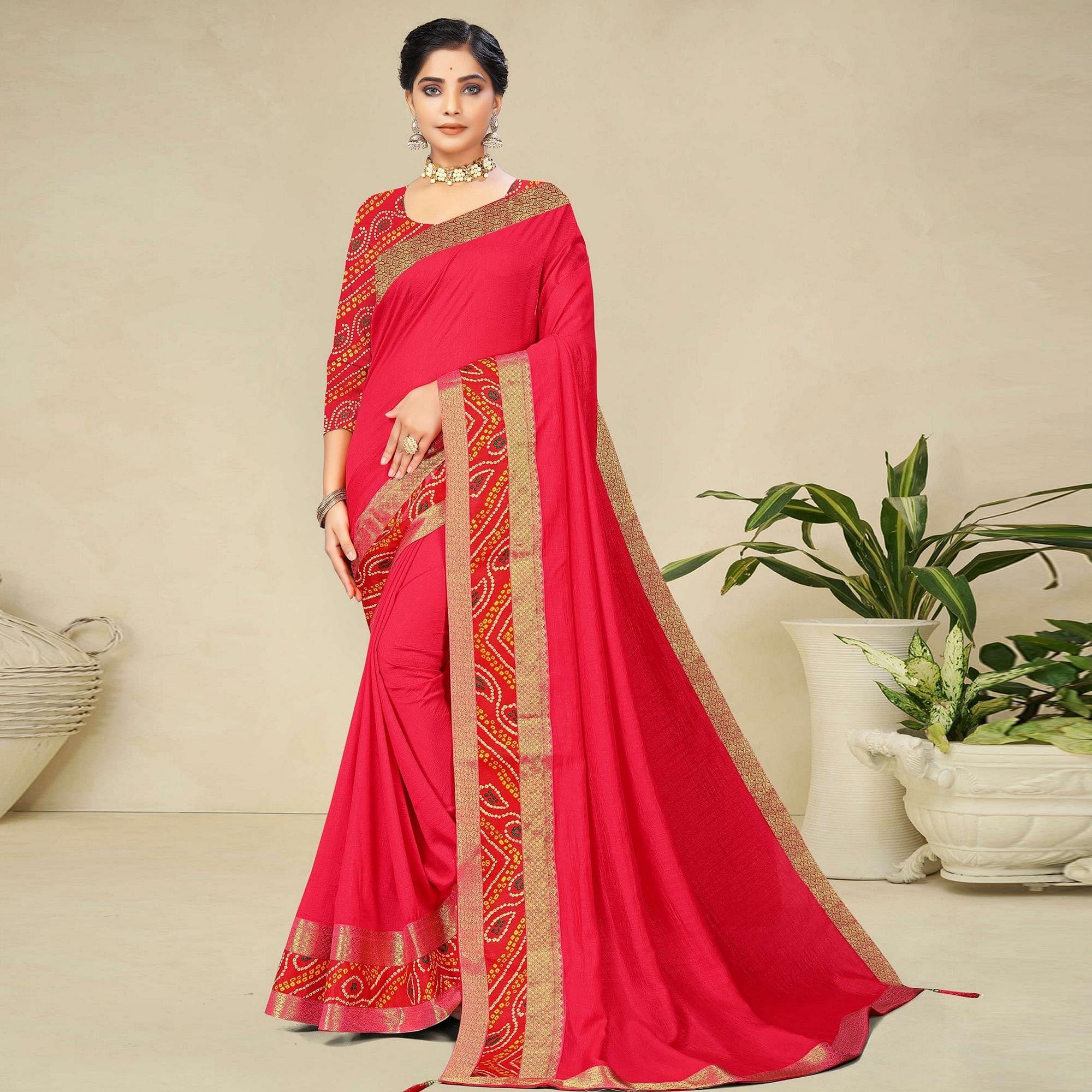 Pink Festive Wear Bandhani Printed Border Silk Designer Saree - Peachmode