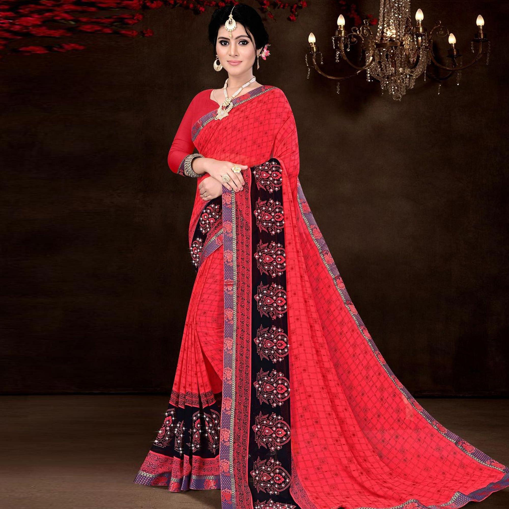 Pink Festive Wear Checks Printed  Work Georgette Designer Saree - Peachmode