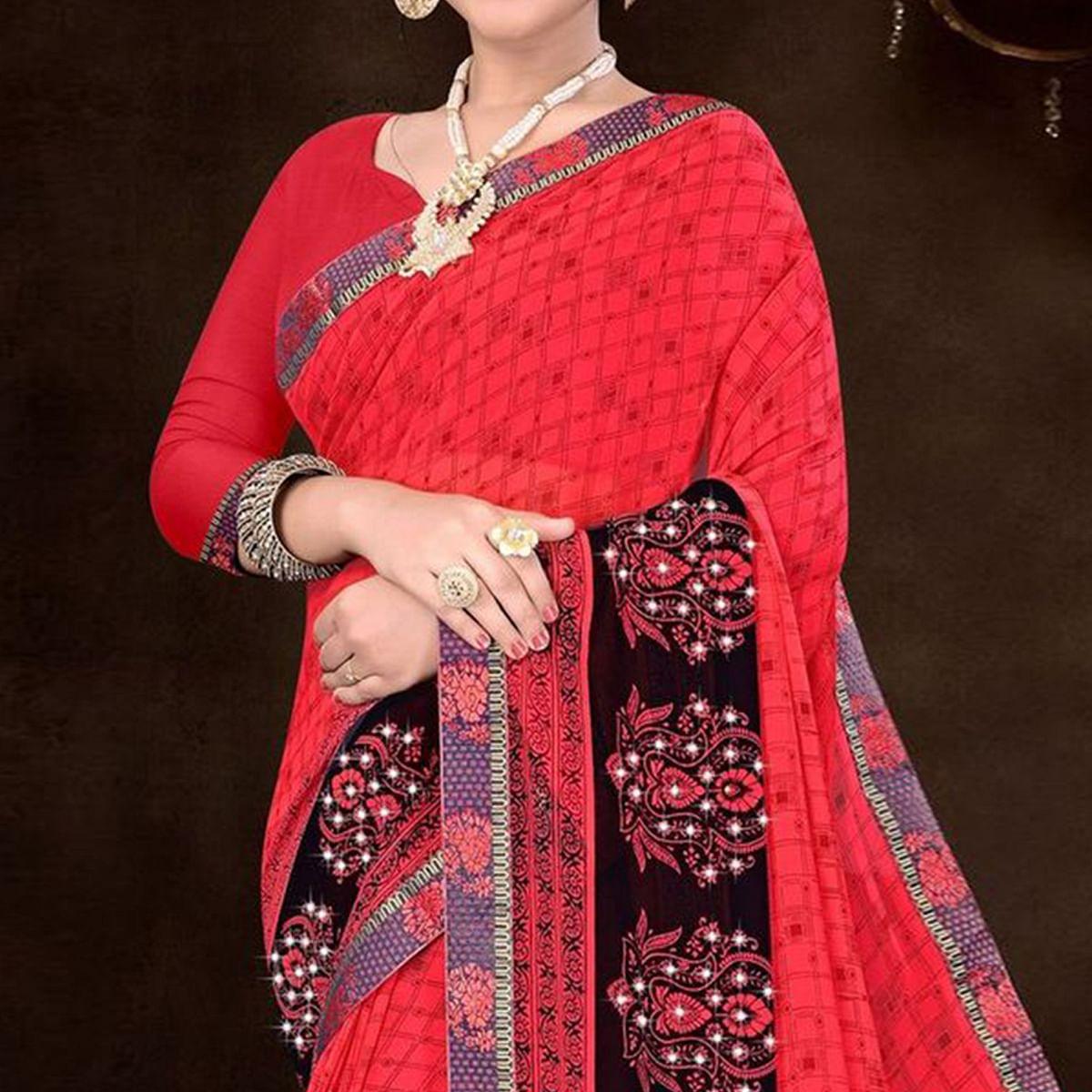 Pink Festive Wear Checks Printed  Work Georgette Designer Saree - Peachmode