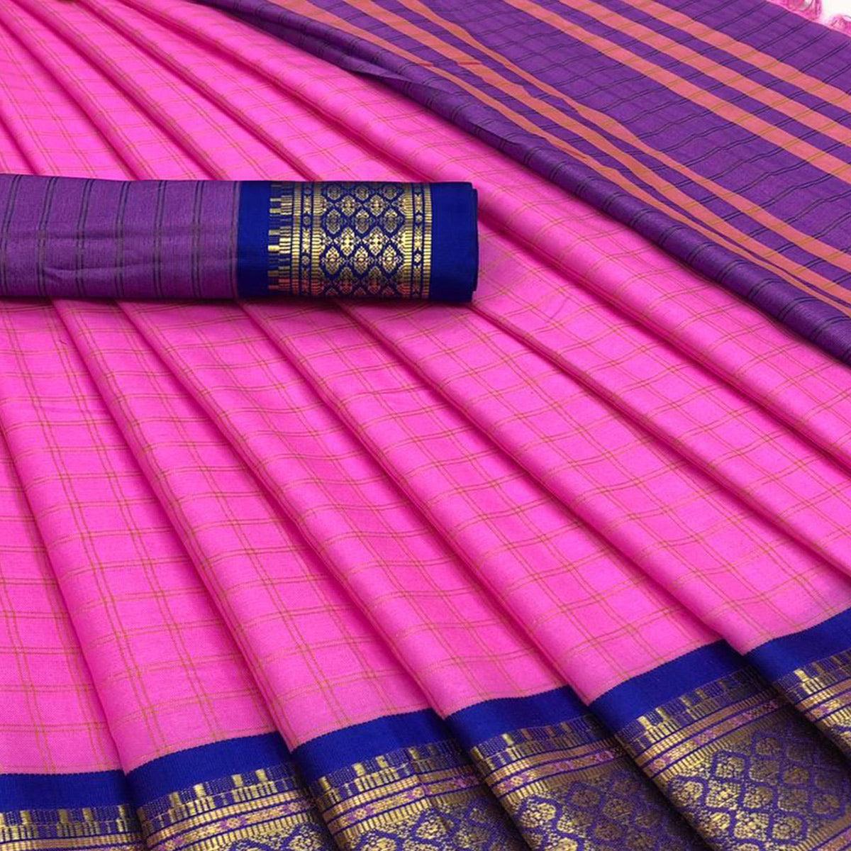 Pink Festive Wear Checks With Woven Border Cotton Silk Saree - Peachmode