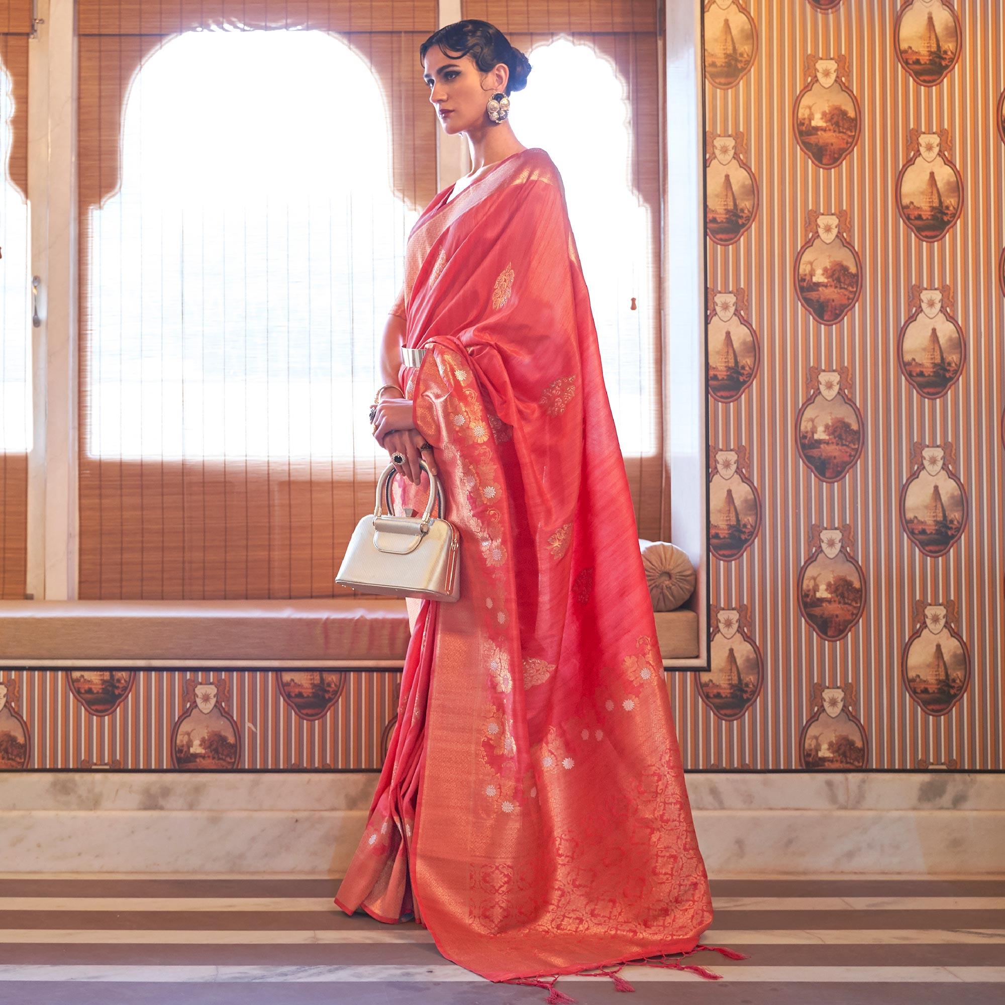 Pink Festive Wear Copper Zari Weaving Tussar Silk Saree With Tassels - Peachmode