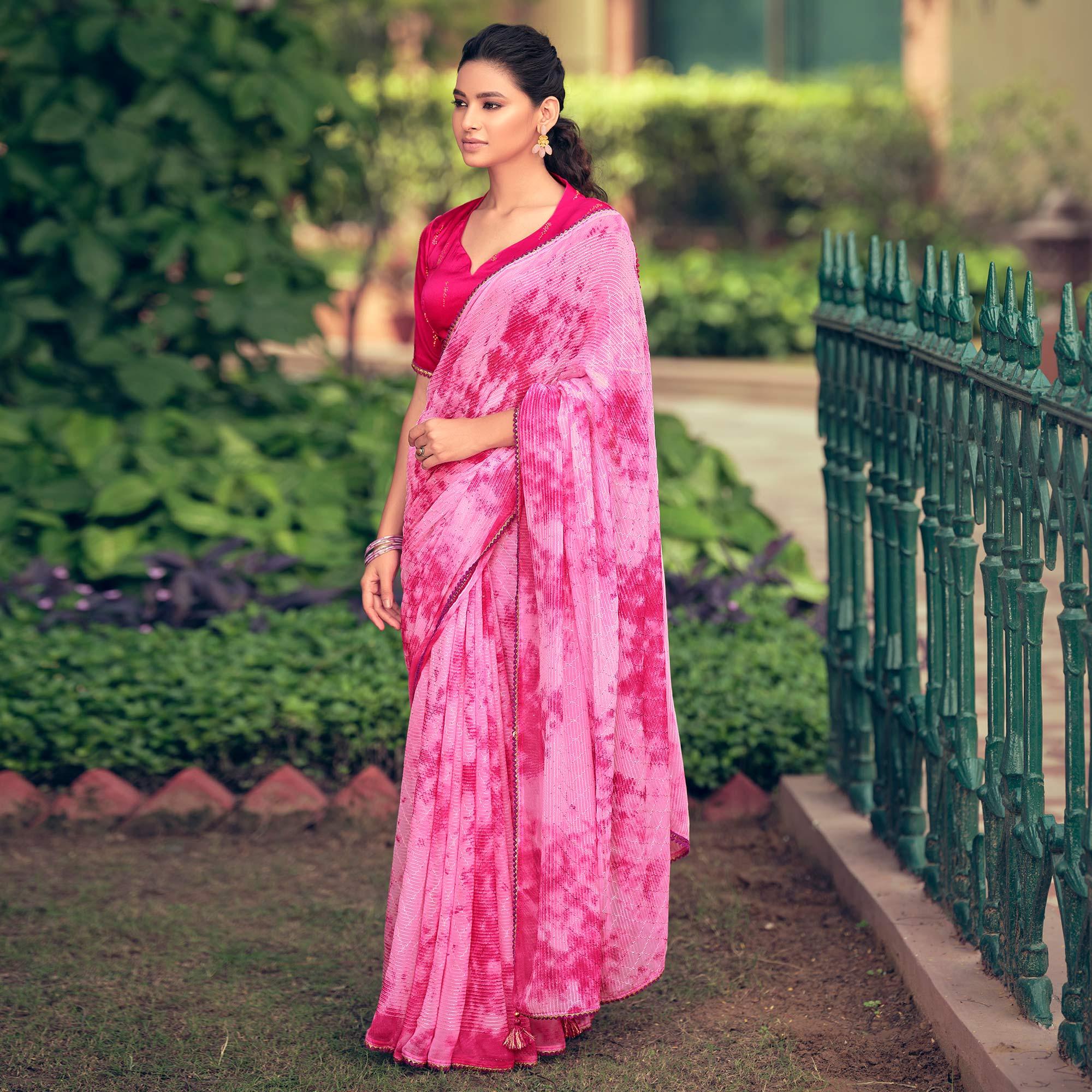 Pink Festive Wear Crochet Work Georgette Saree - Peachmode