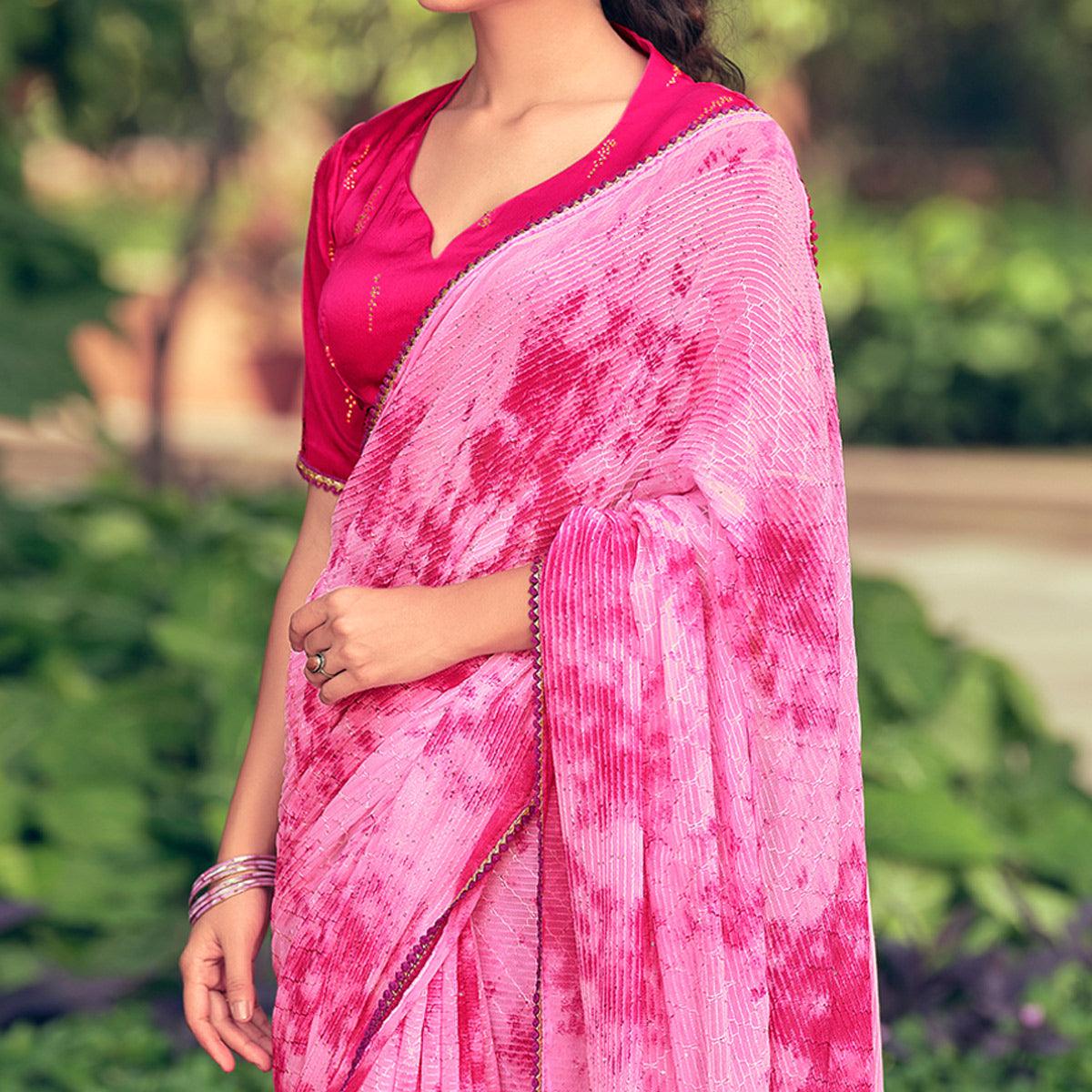 Pink Festive Wear Crochet Work Georgette Saree - Peachmode
