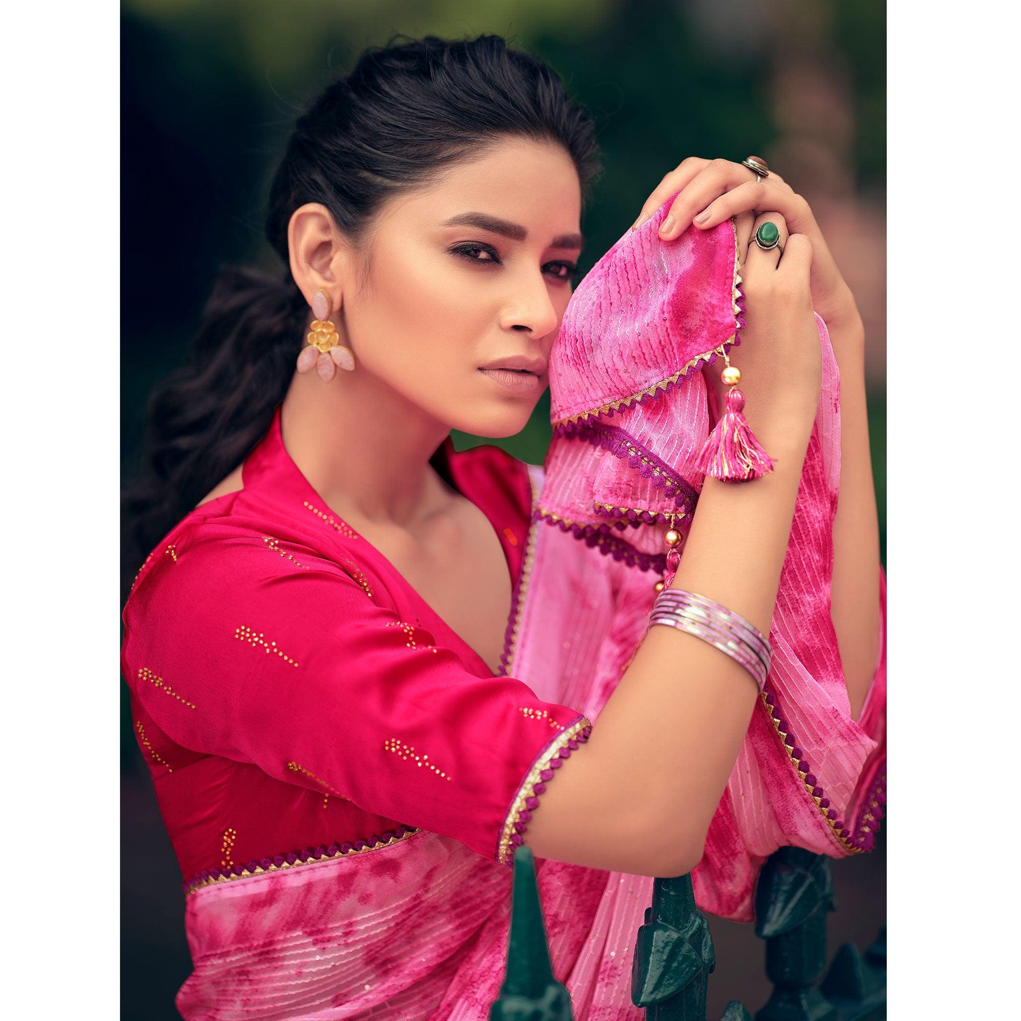 Pink Festive Wear Crochet Work Georgette Saree - Peachmode