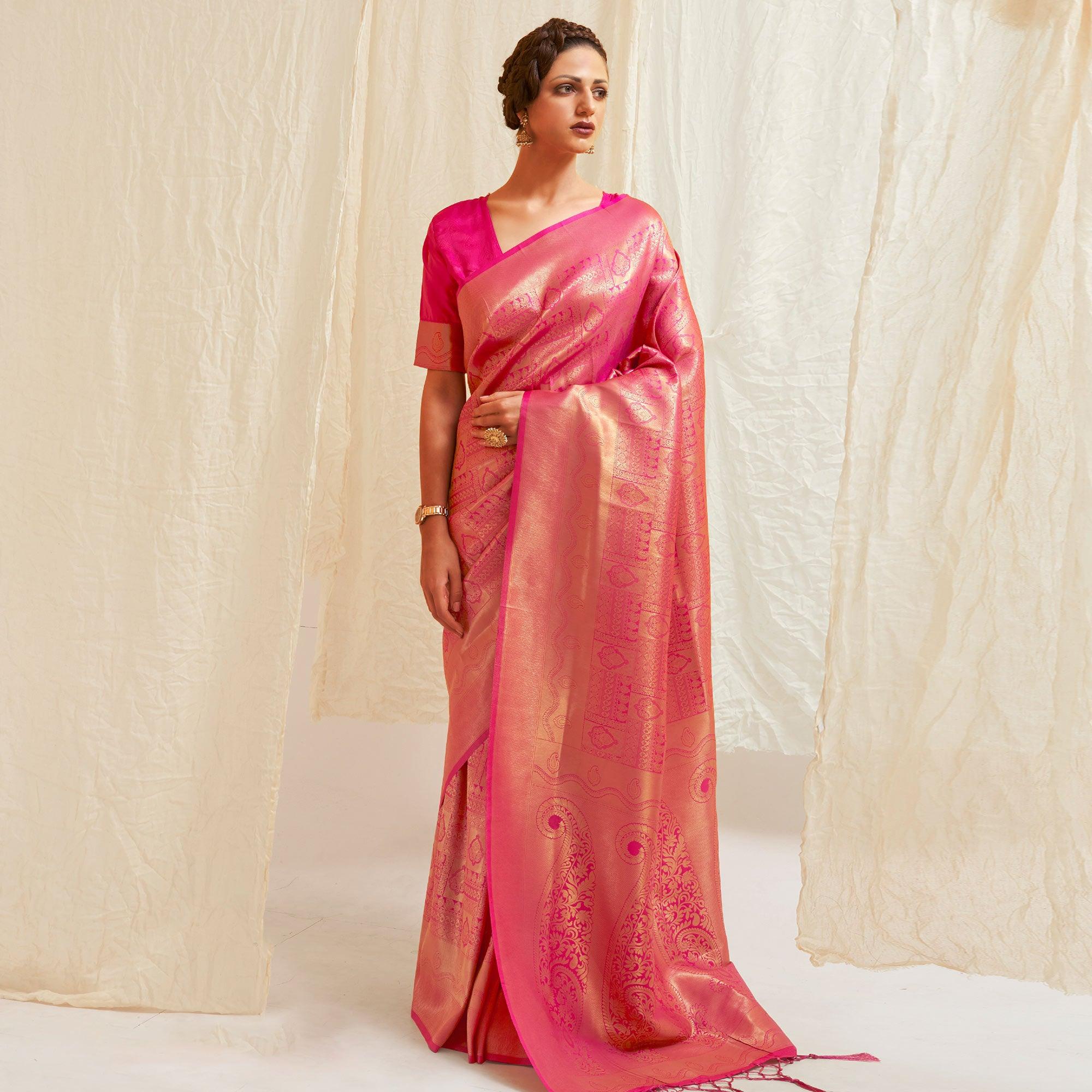 Pink Festive Wear Designer Woven Silk Saree - Peachmode