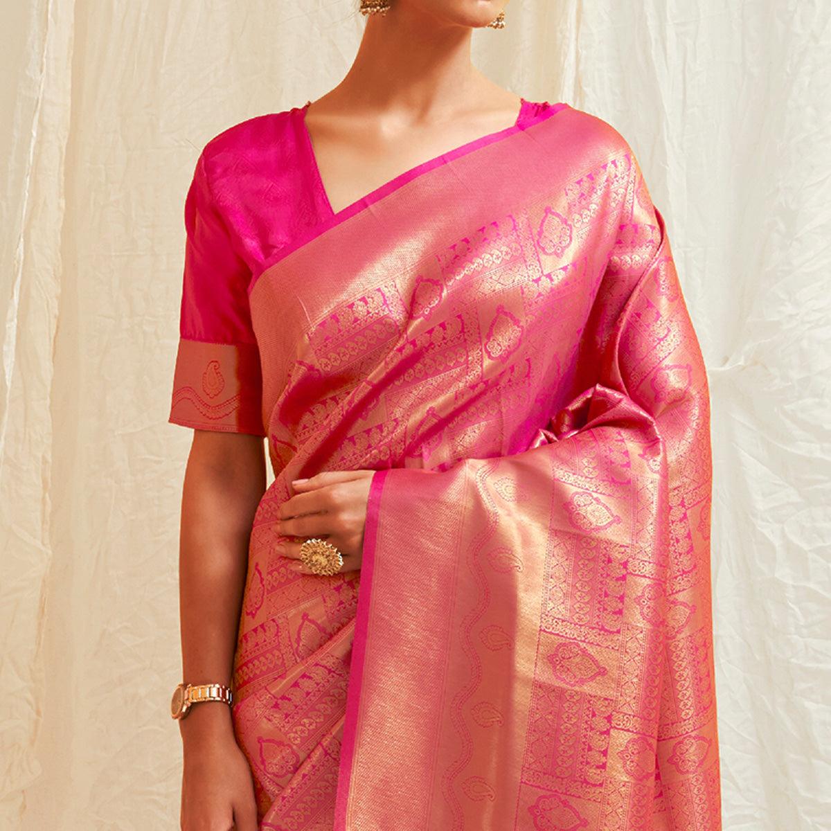 Pink Festive Wear Designer Woven Silk Saree - Peachmode