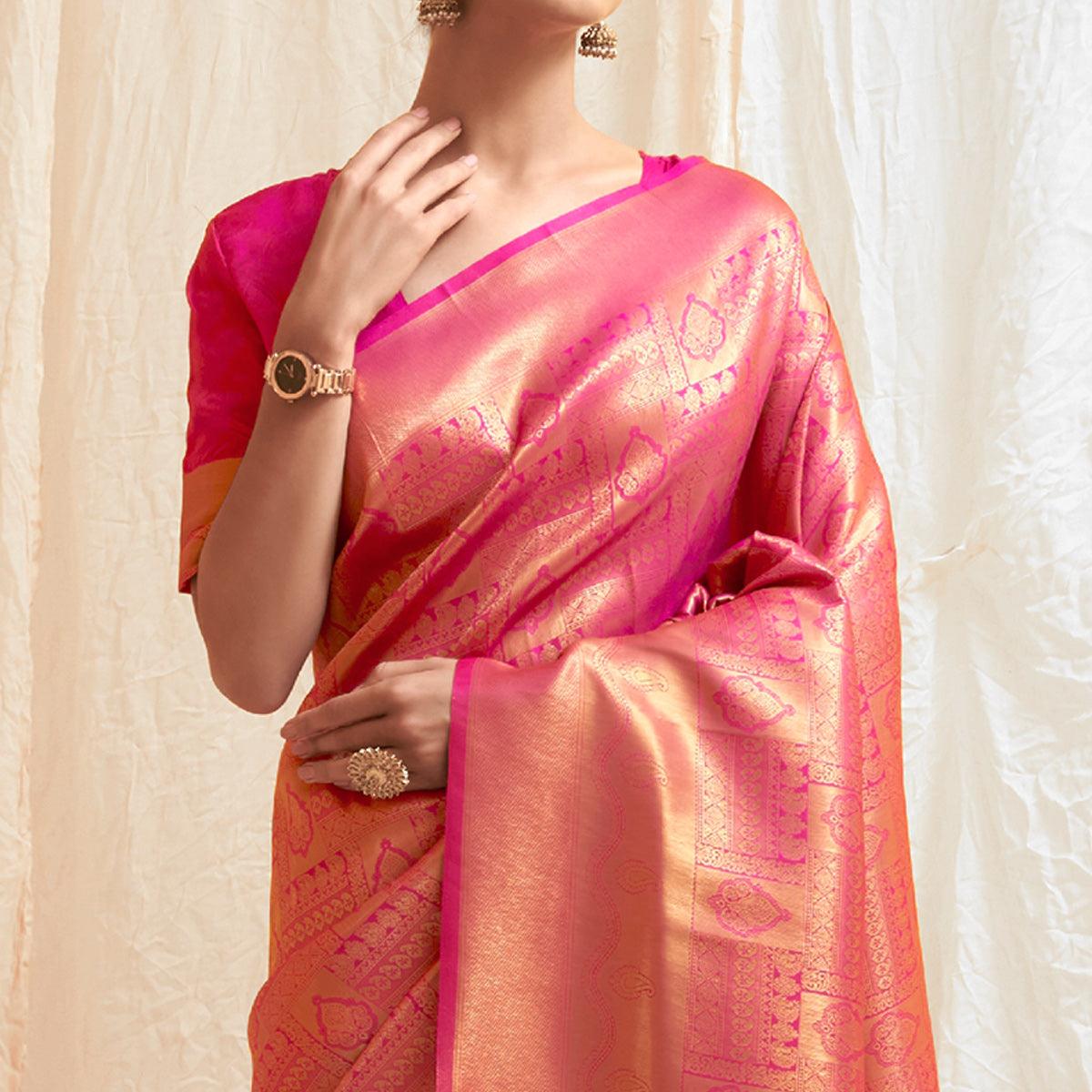 Pink Festive Wear Designer Woven Silk Saree - Peachmode