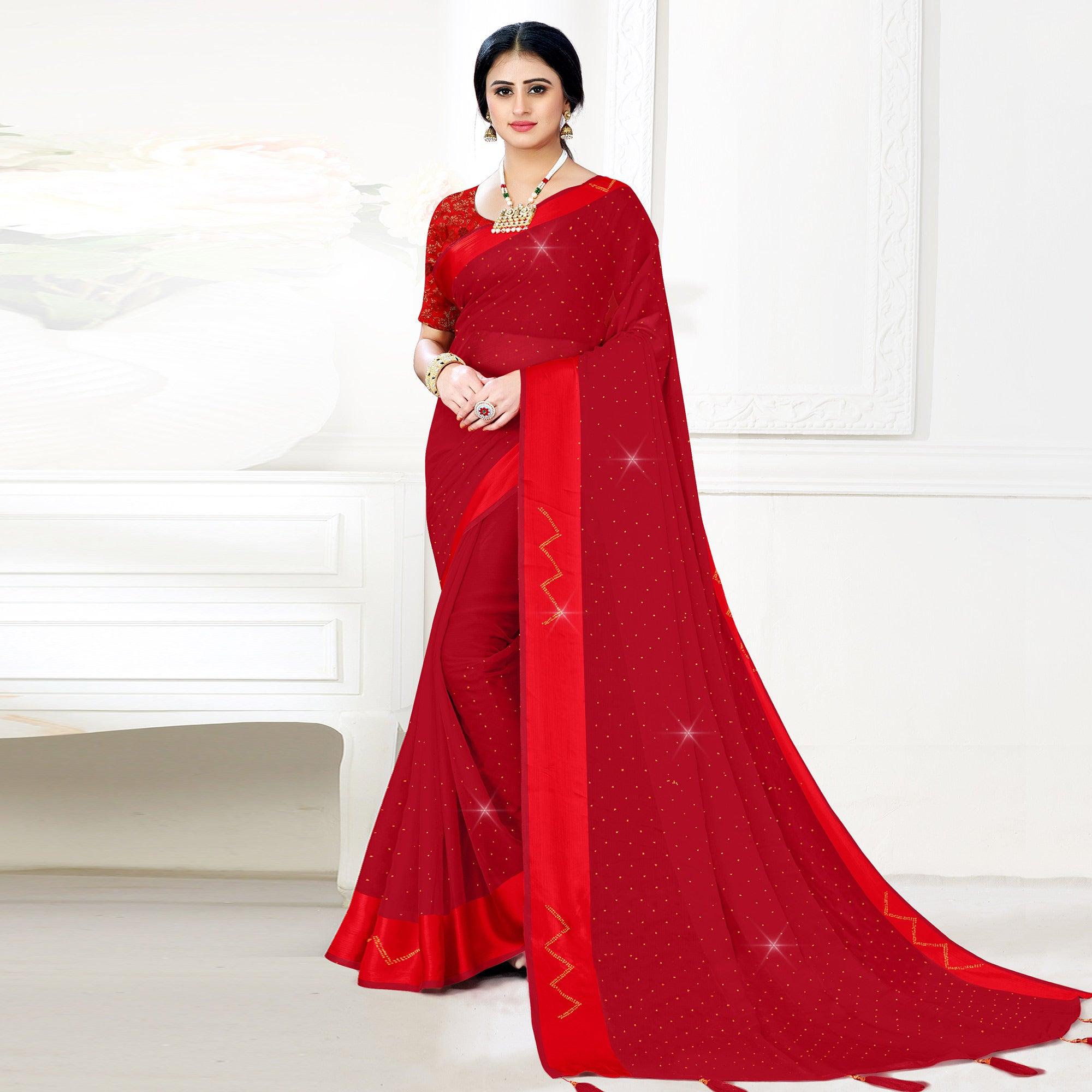 Pink Festive Wear Diamond And Swarovski Soft Chiffon-Satin Saree - Peachmode