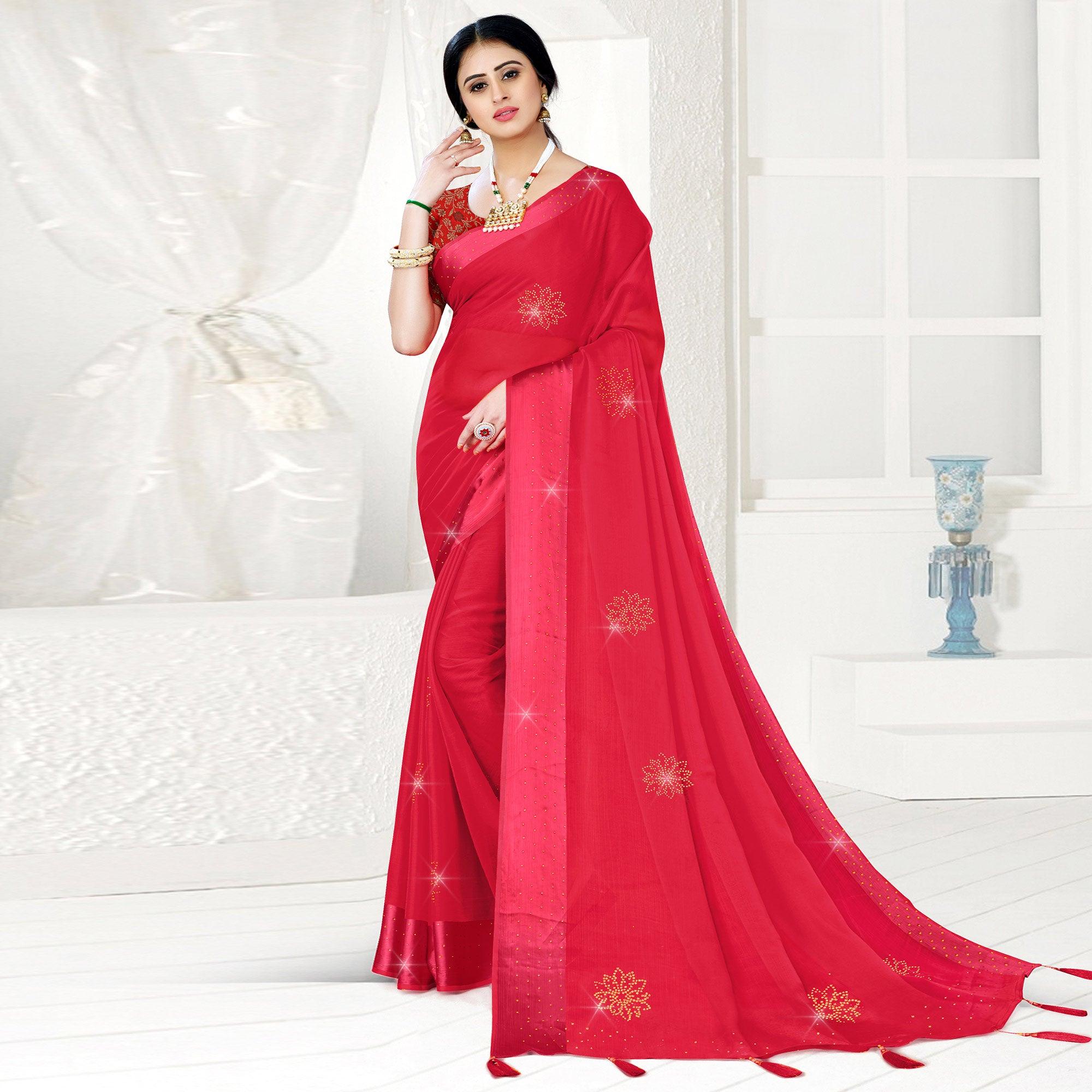 Pink Festive Wear Diamond And Swarovski Soft Chiffon-Satin Saree - Peachmode