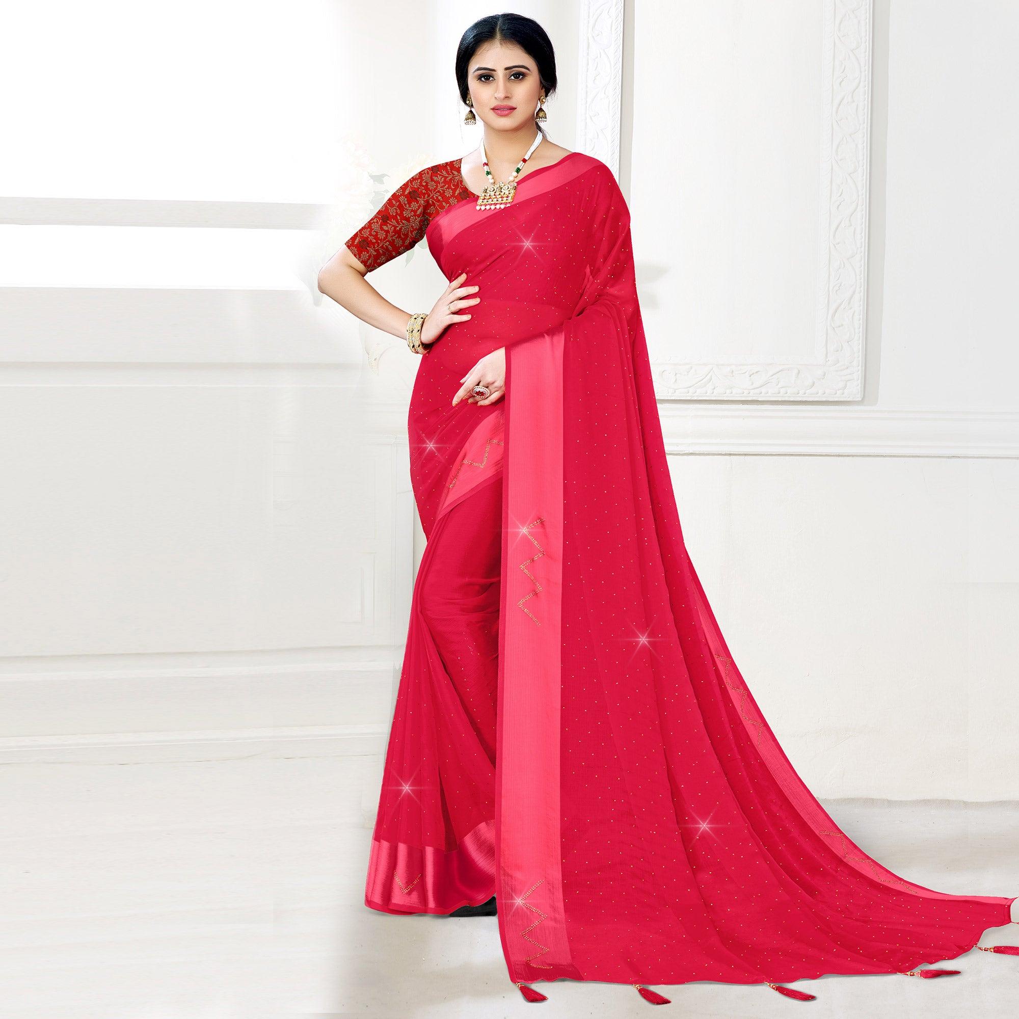 Pink Festive Wear Diamond And Swarovski Soft Chiffon-Satin Saree - Peachmode