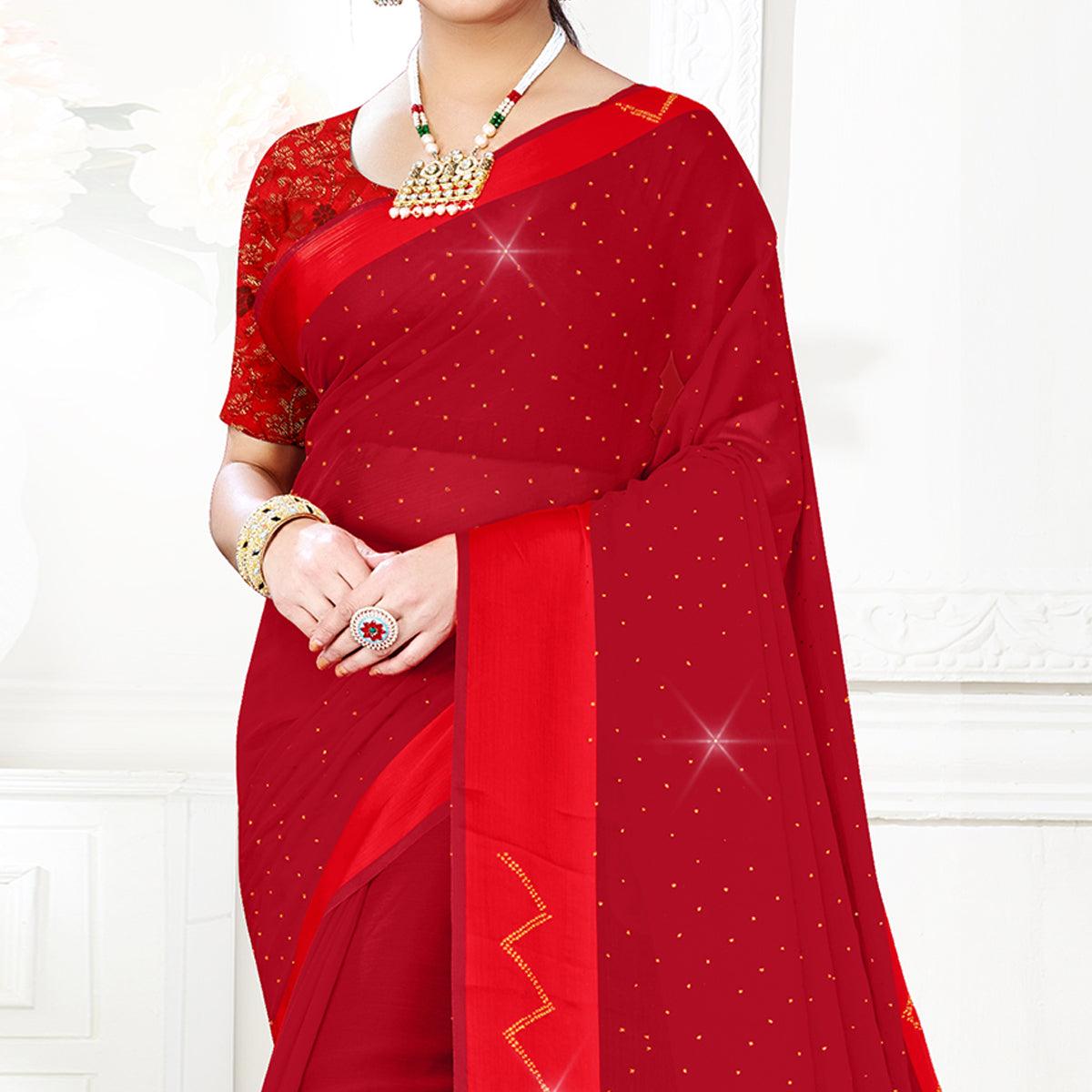 Pink Festive Wear Diamond And Swarovski Soft Chiffon-Satin Saree - Peachmode