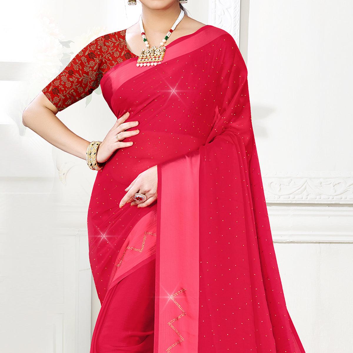 Pink Festive Wear Diamond And Swarovski Soft Chiffon-Satin Saree - Peachmode